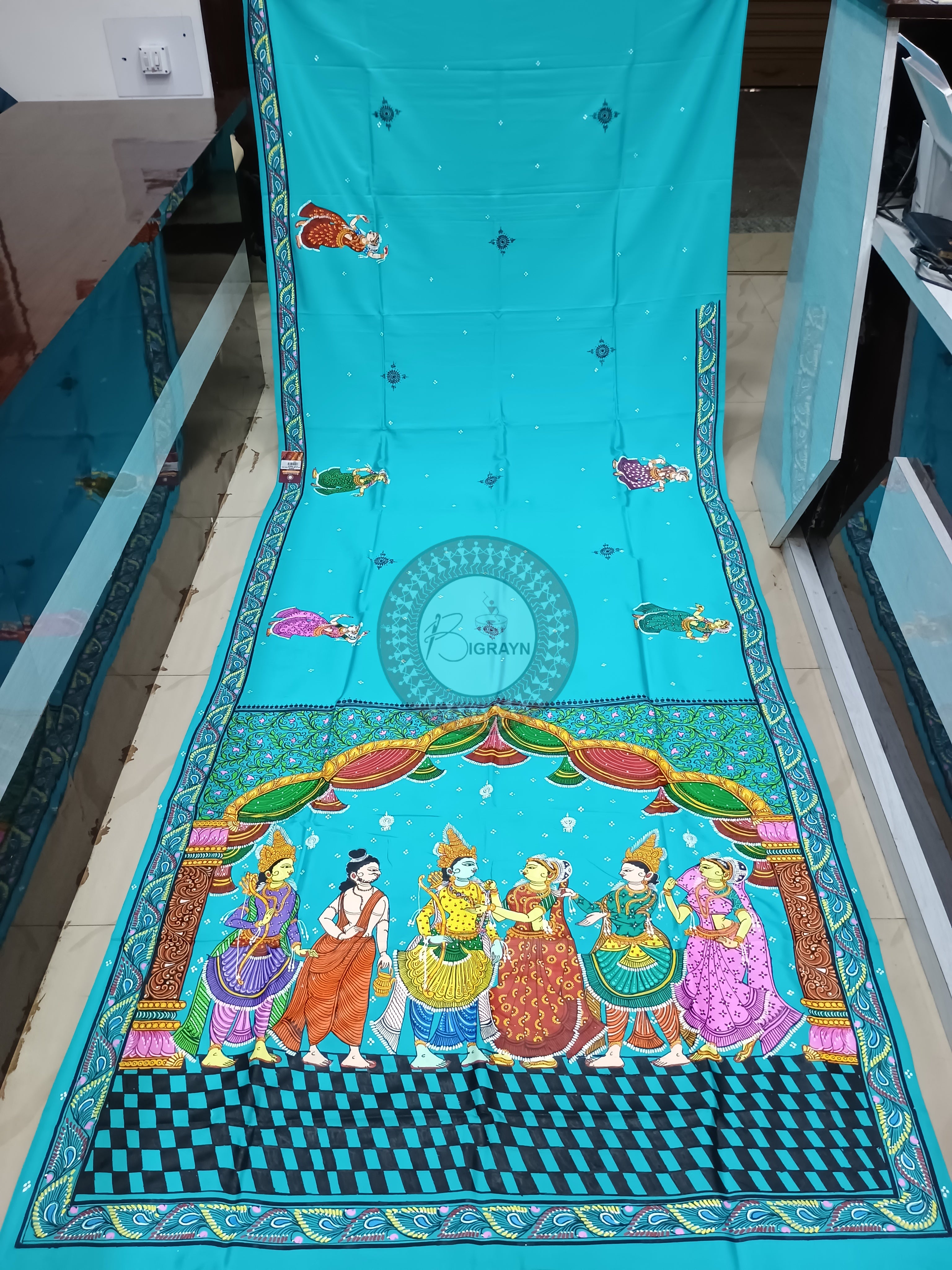 Sky Blue Ram Sita Vivah Theme Pattachitra Khadi Silk Saree