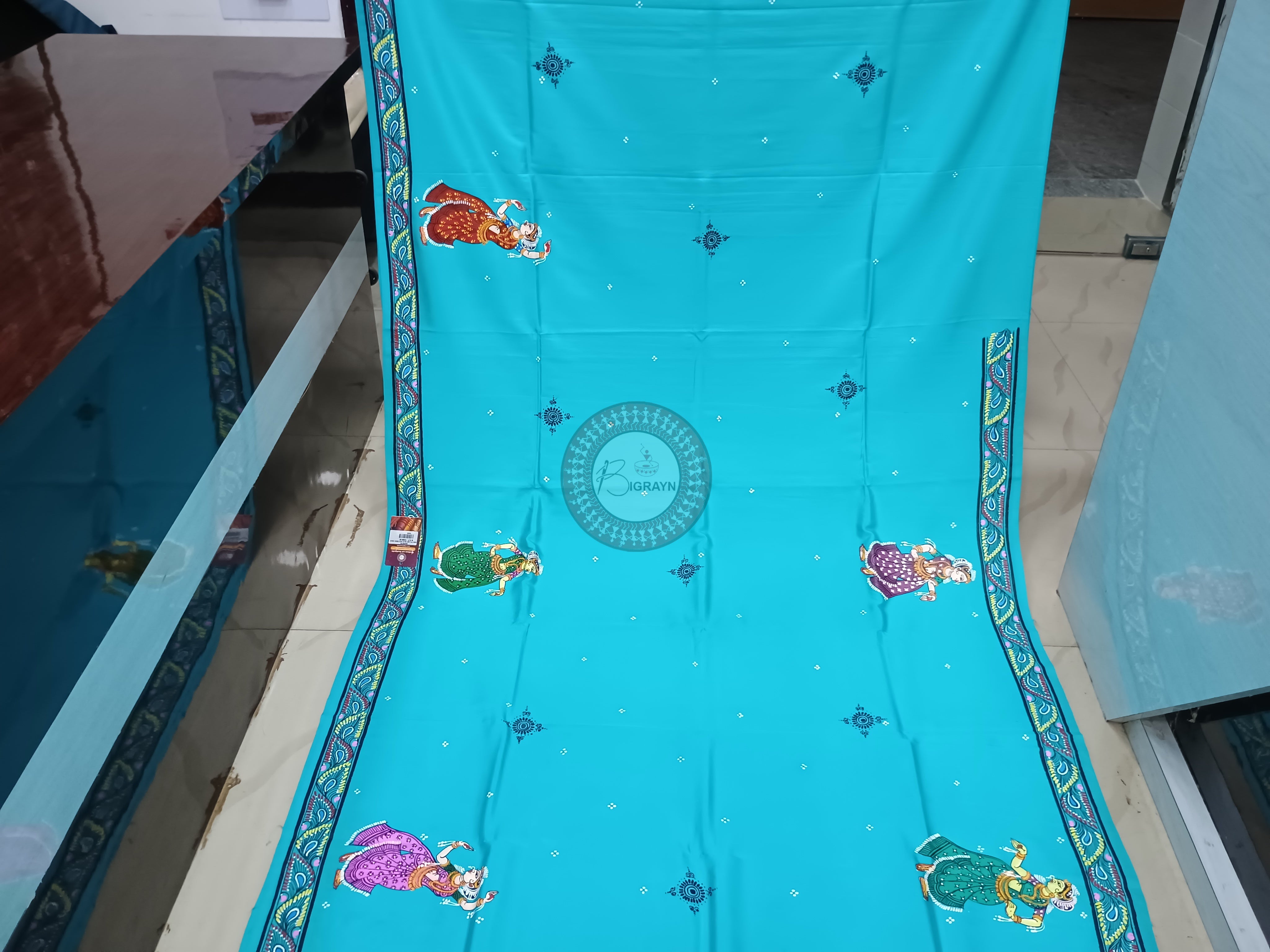 Sky Blue Ram Sita Vivah Theme Pattachitra Khadi Silk Saree