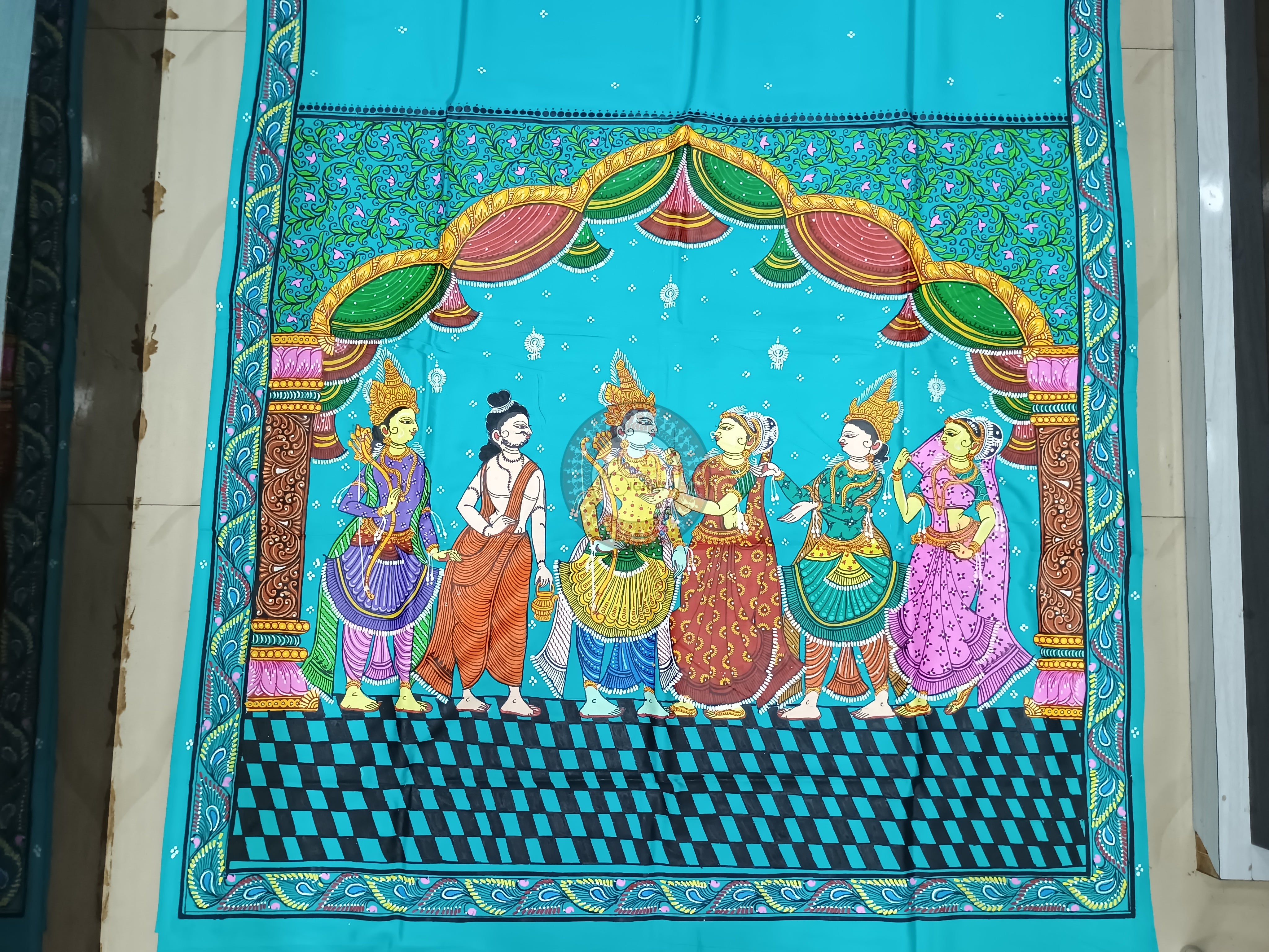 Sky Blue Ram Sita Vivah Theme Pattachitra Khadi Silk Saree