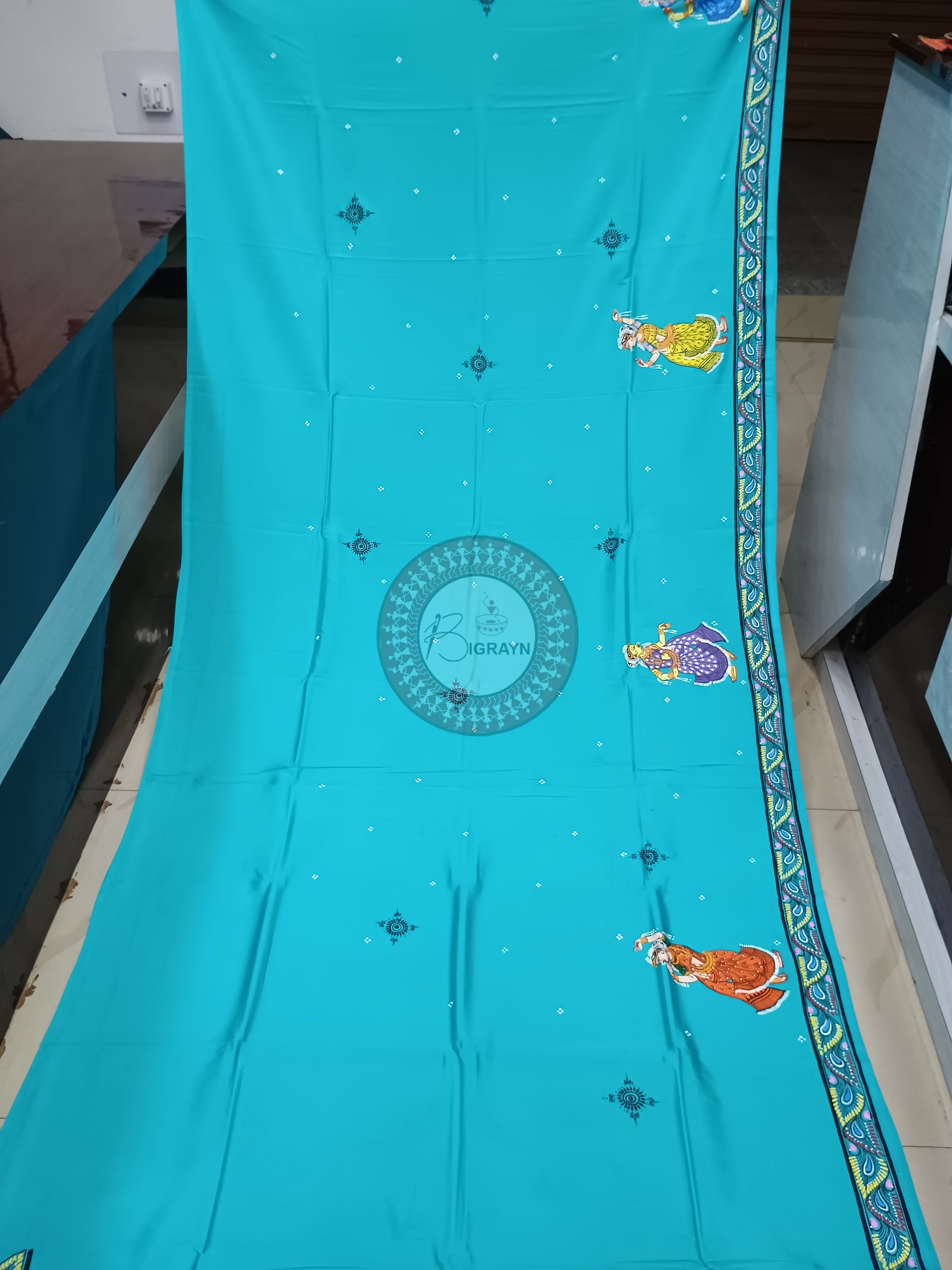 Sky Blue Ram Sita Vivah Theme Pattachitra Khadi Silk Saree