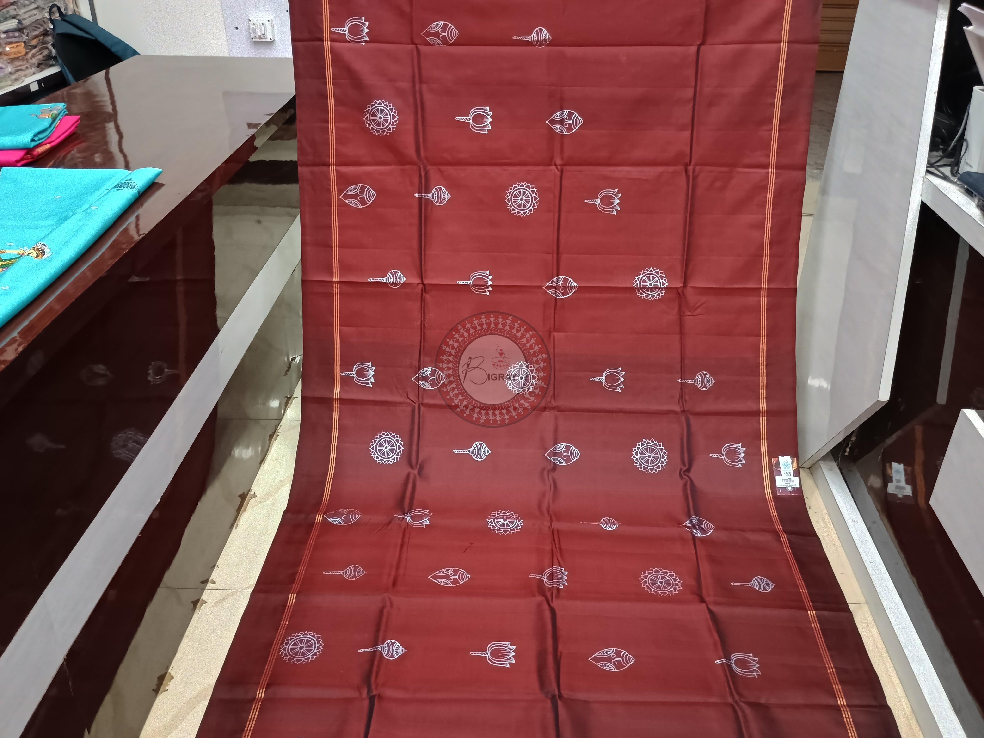 Maroon Tri Murti Hand Painted Pattachitra Kanjeeveram Silk Saree