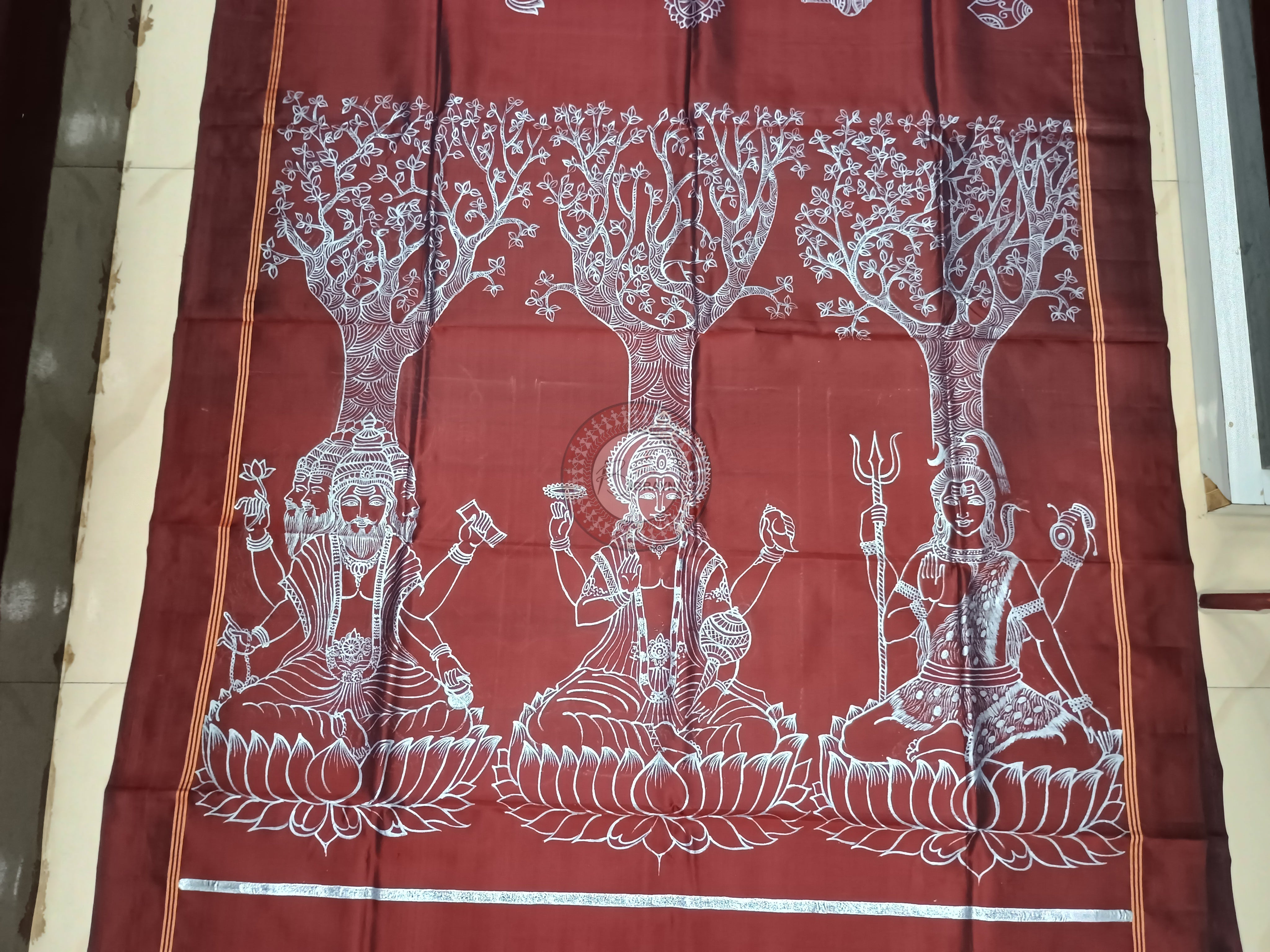Maroon Tri Murti Hand Painted Pattachitra Kanjeeveram Silk Saree