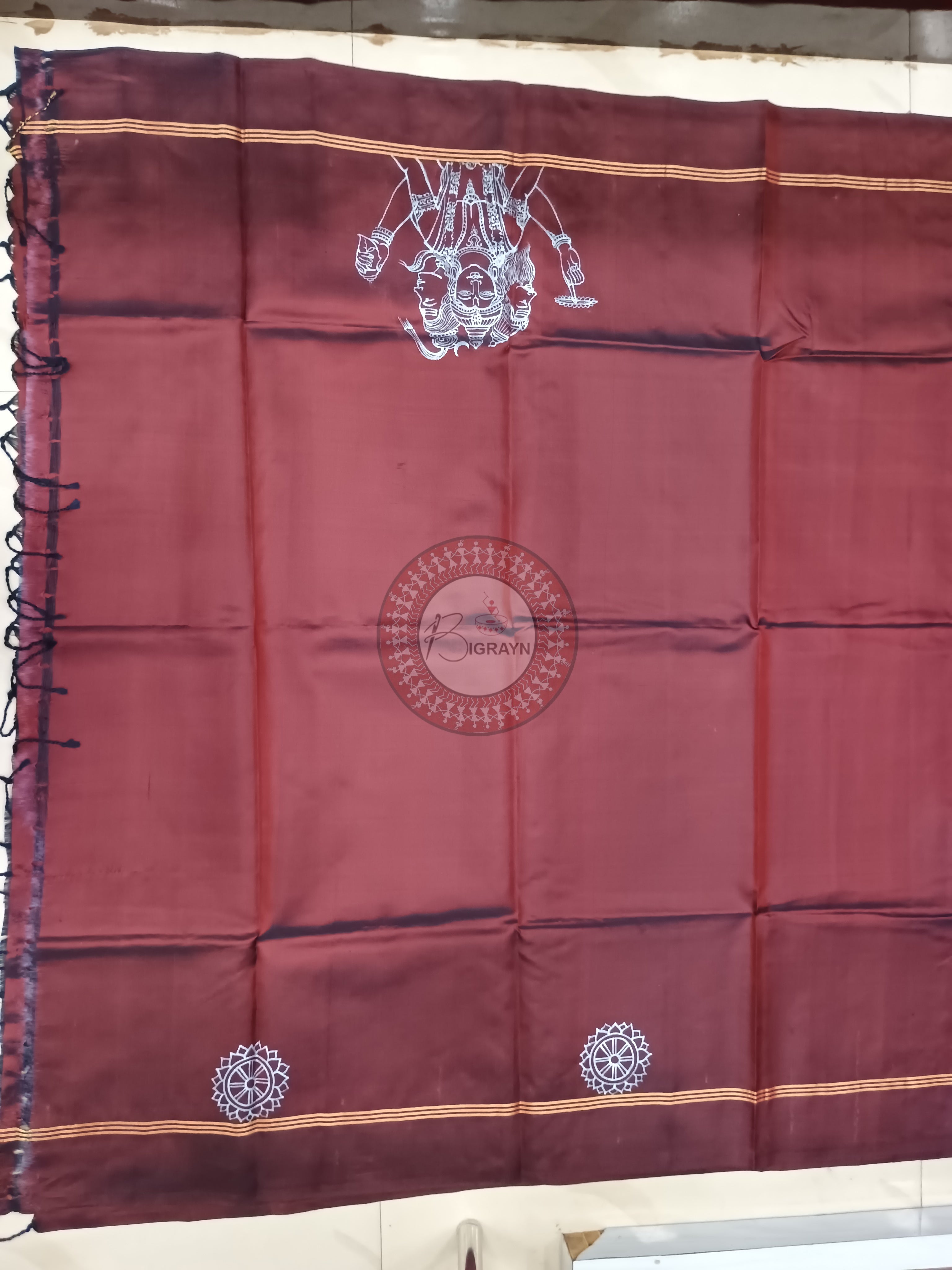 Maroon Tri Murti Hand Painted Pattachitra Kanjeeveram Silk Saree