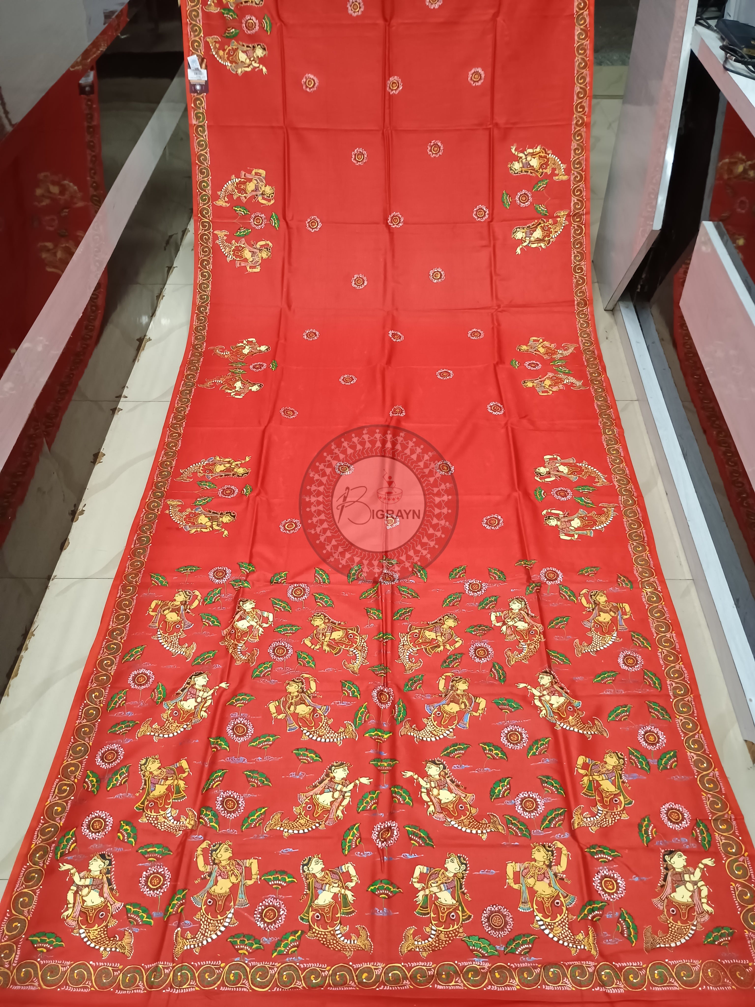 Red Mastya Kanya Theme Pattachitra Khadi Silk Saree
