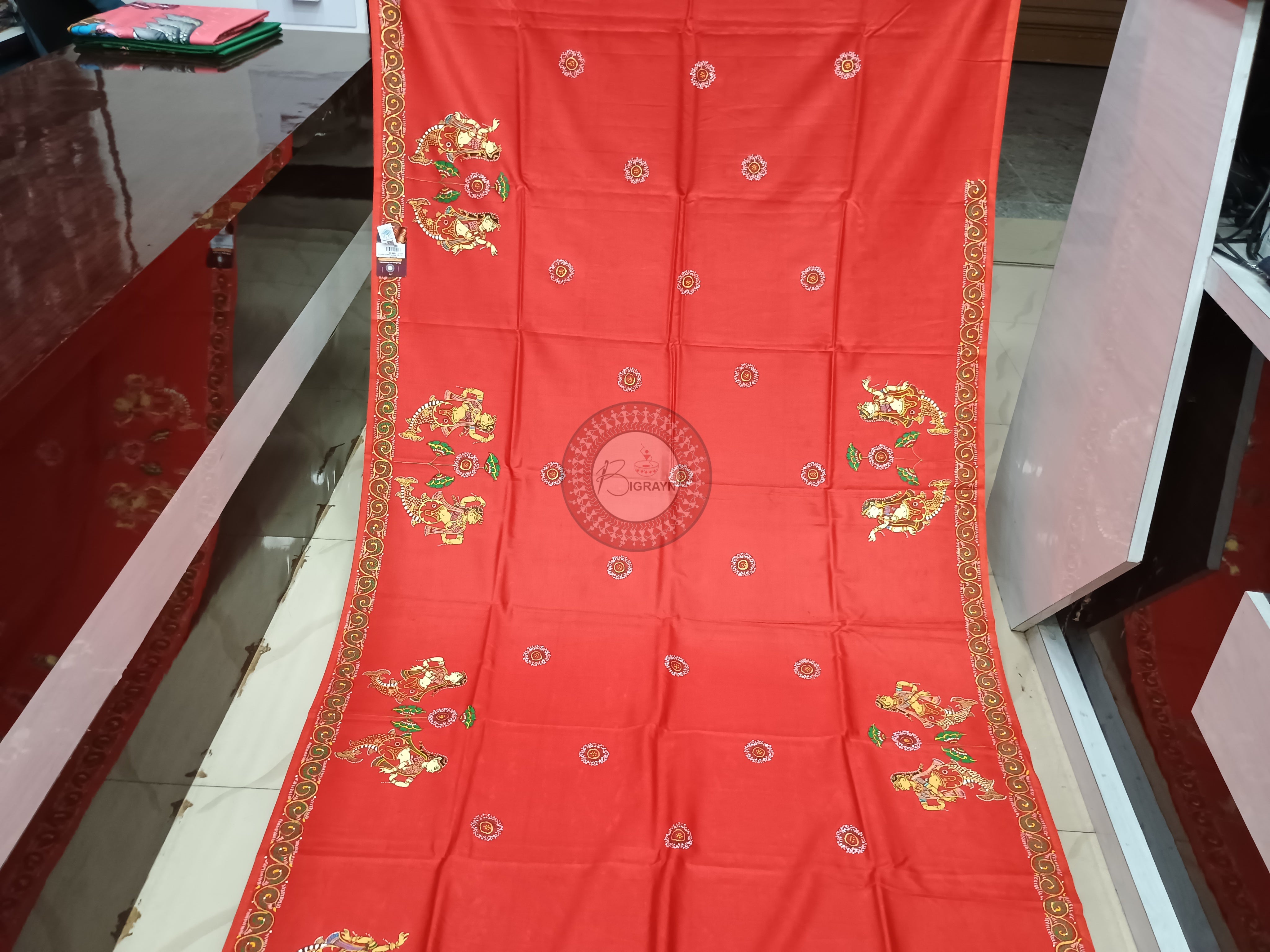 Red Mastya Kanya Theme Pattachitra Khadi Silk Saree