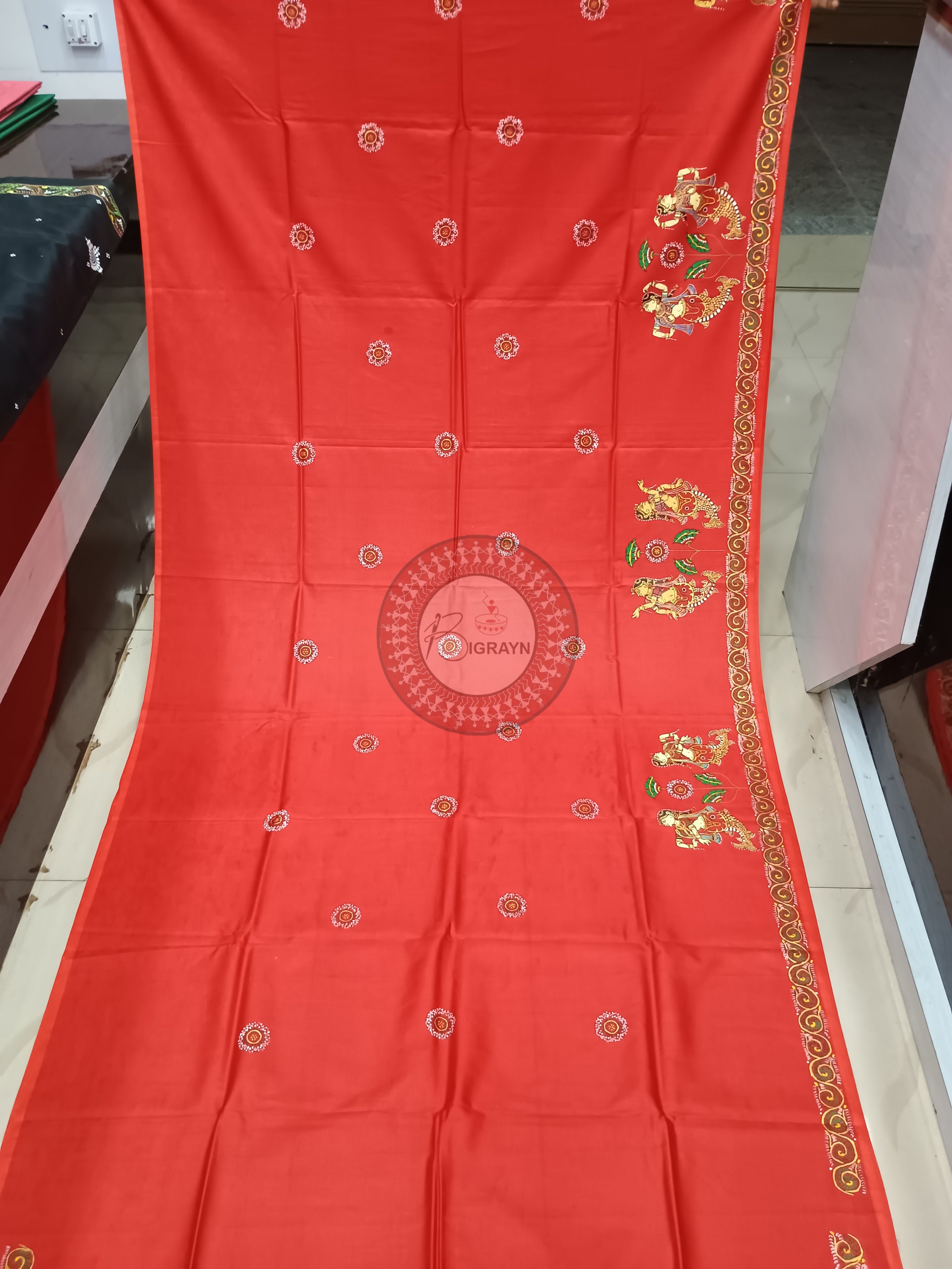 Red Mastya Kanya Theme Pattachitra Khadi Silk Saree