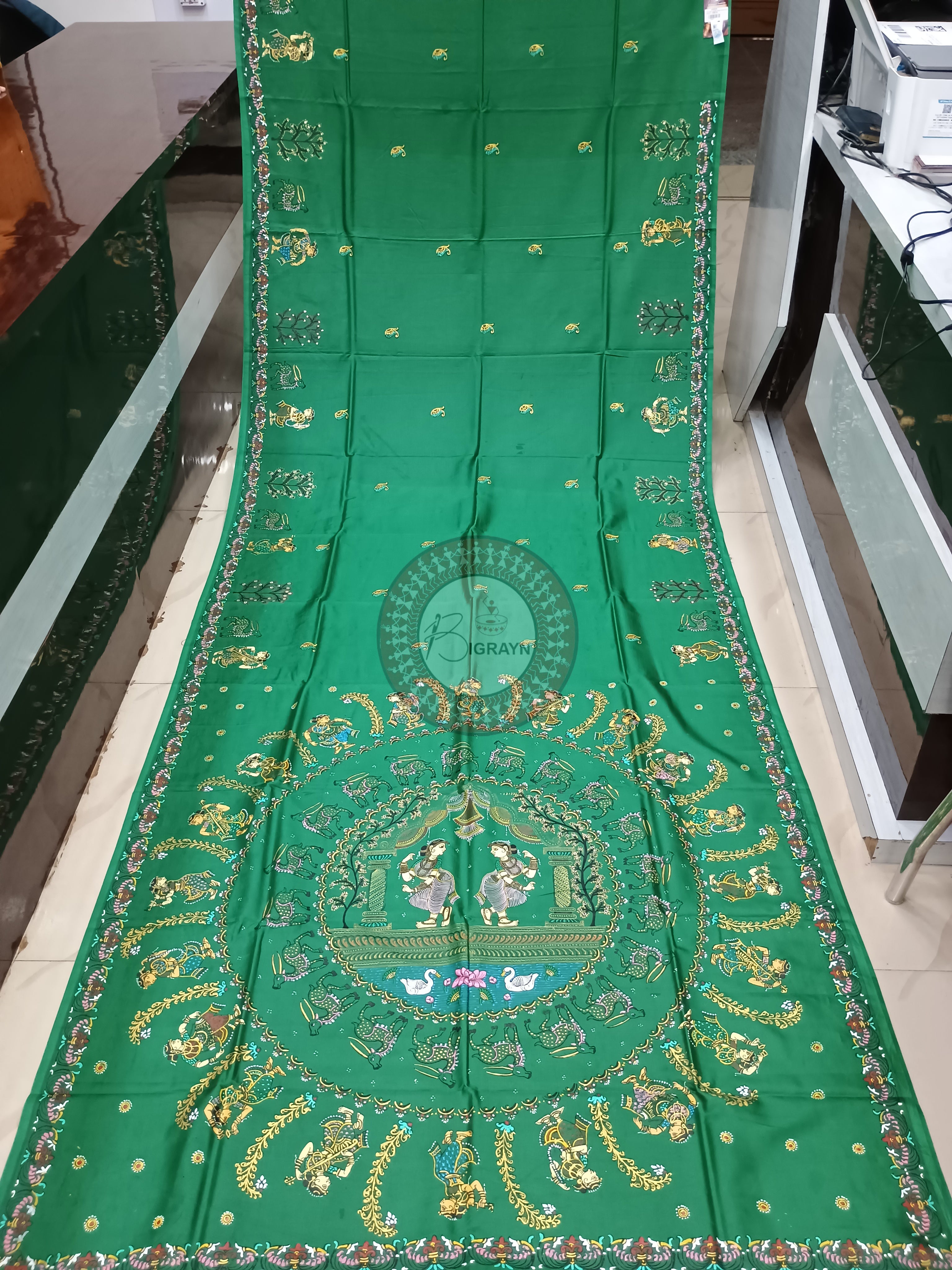 Green Round Rasa Theme Pattachitra Khadi Silk Saree