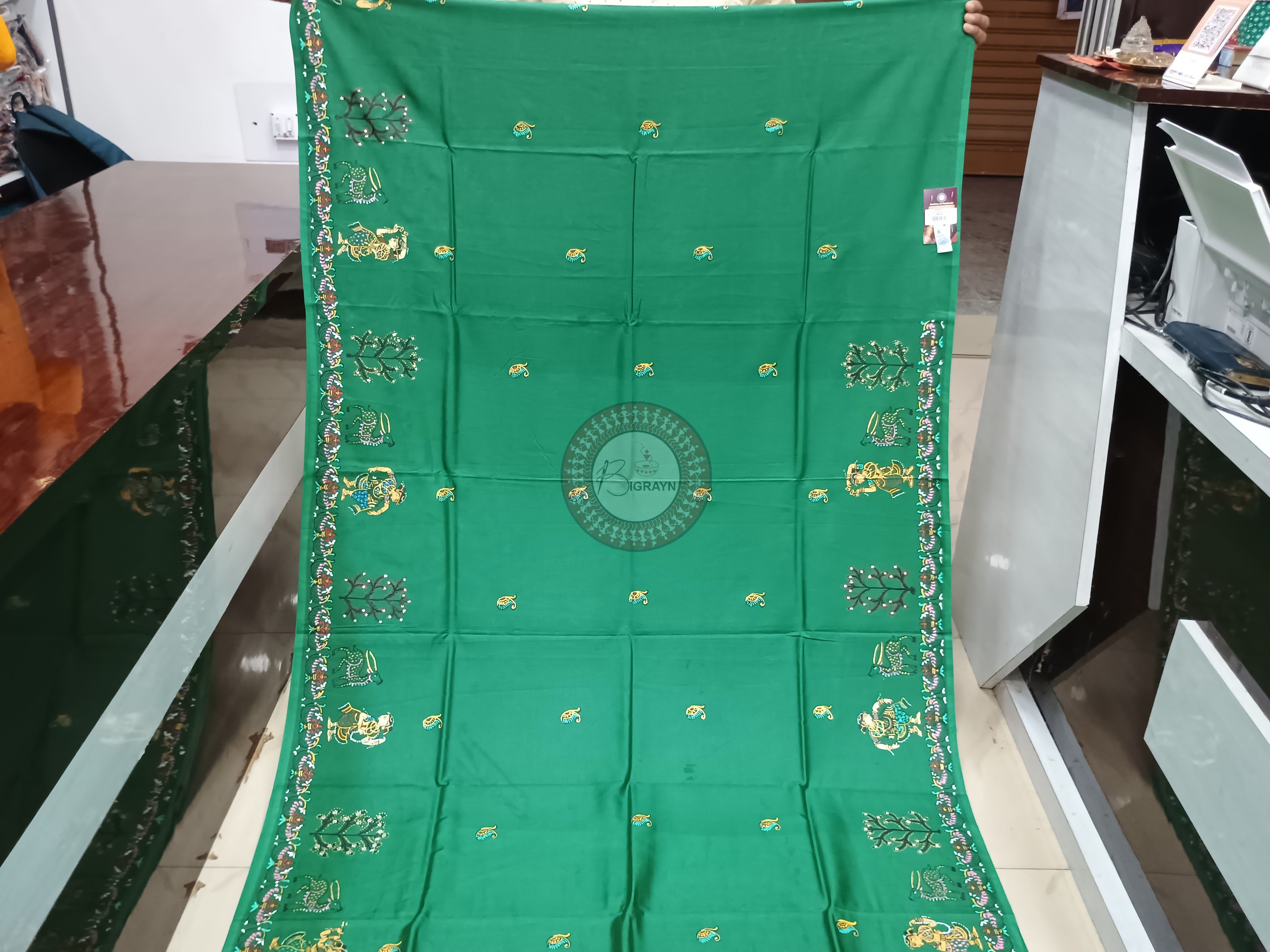 Green Round Rasa Theme Pattachitra Khadi Silk Saree