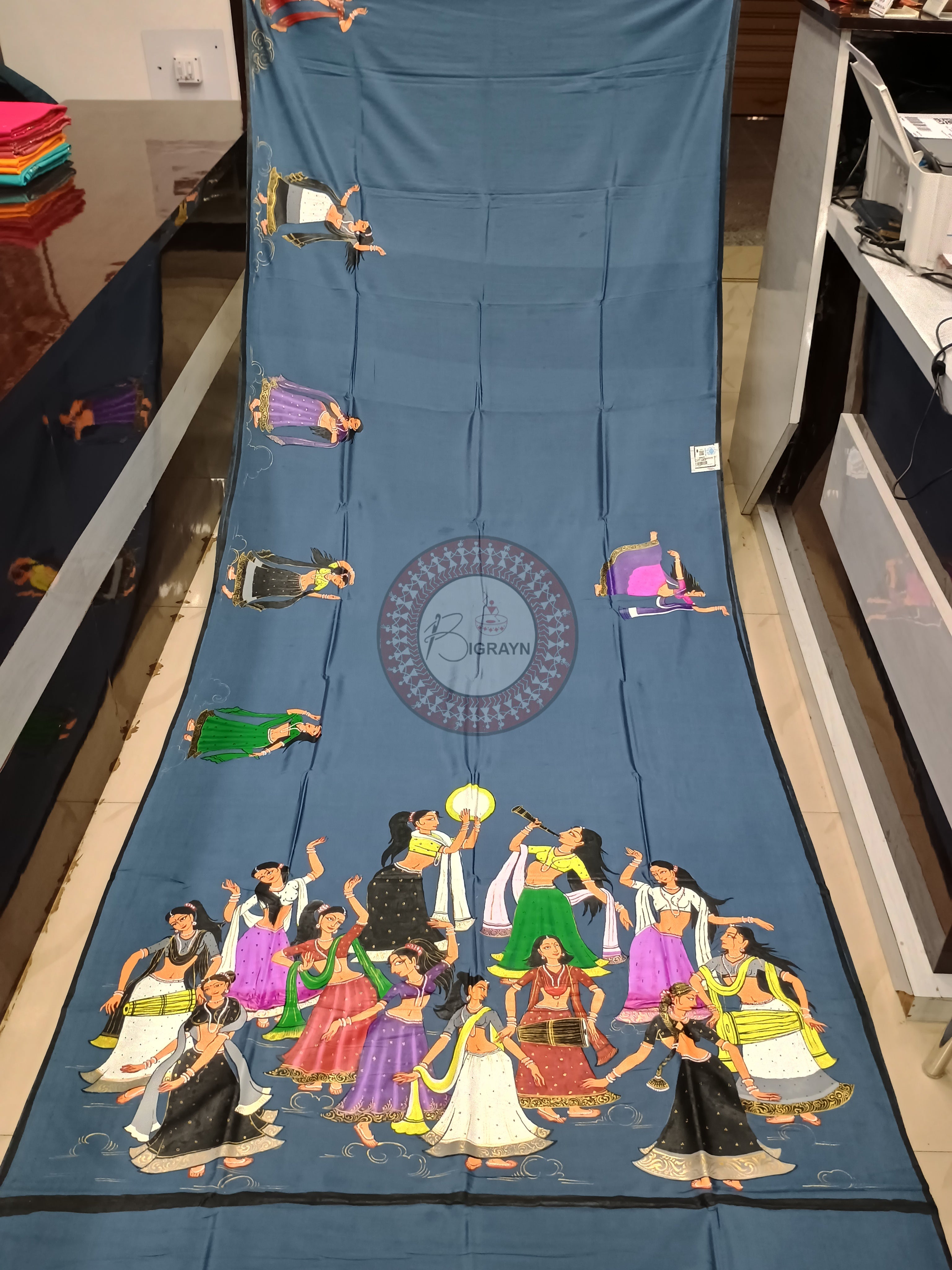 Grey Dancer Theme Pattachitra Khadi Silk Saree