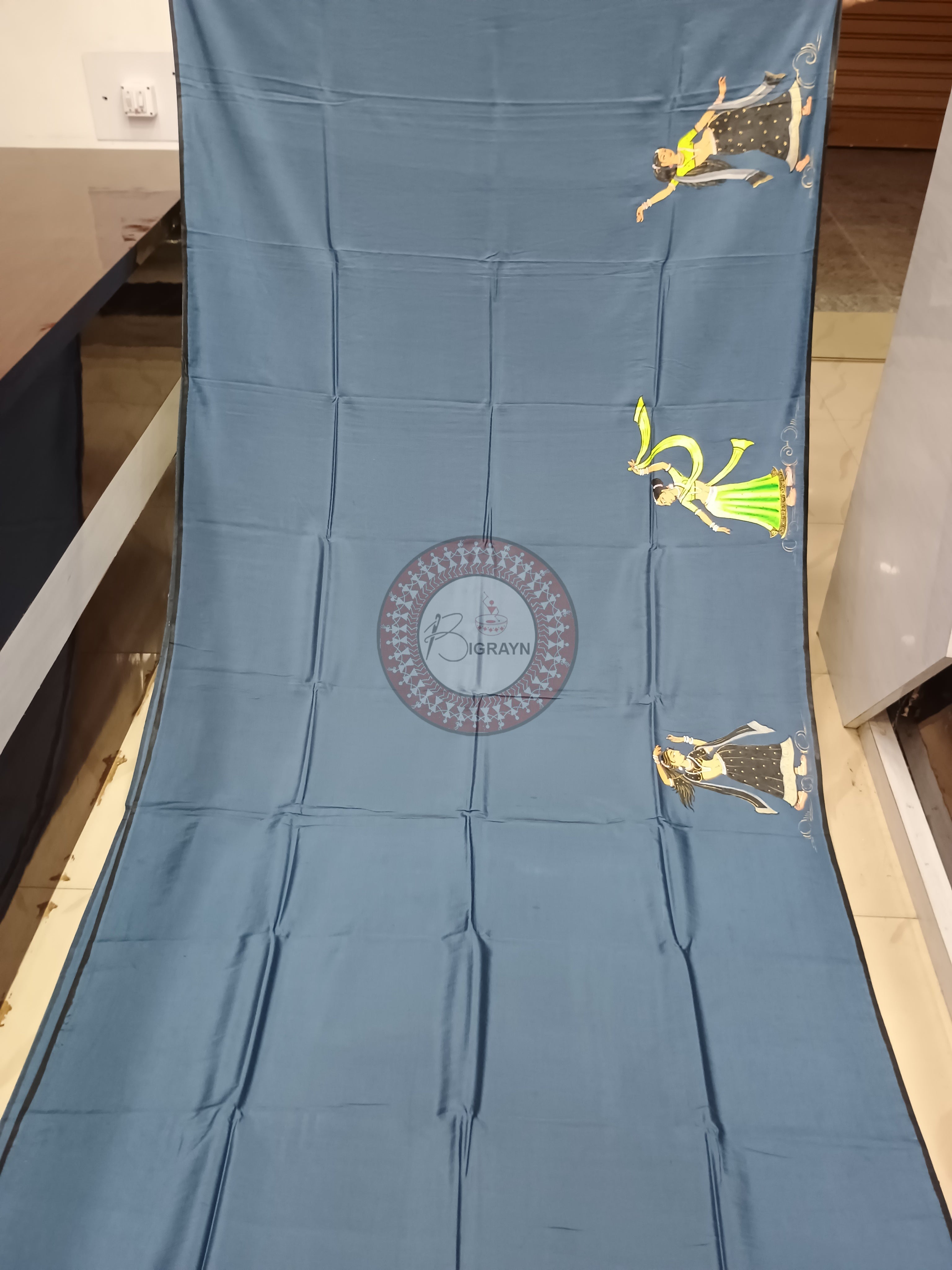 Grey Dancer Theme Pattachitra Khadi Silk Saree