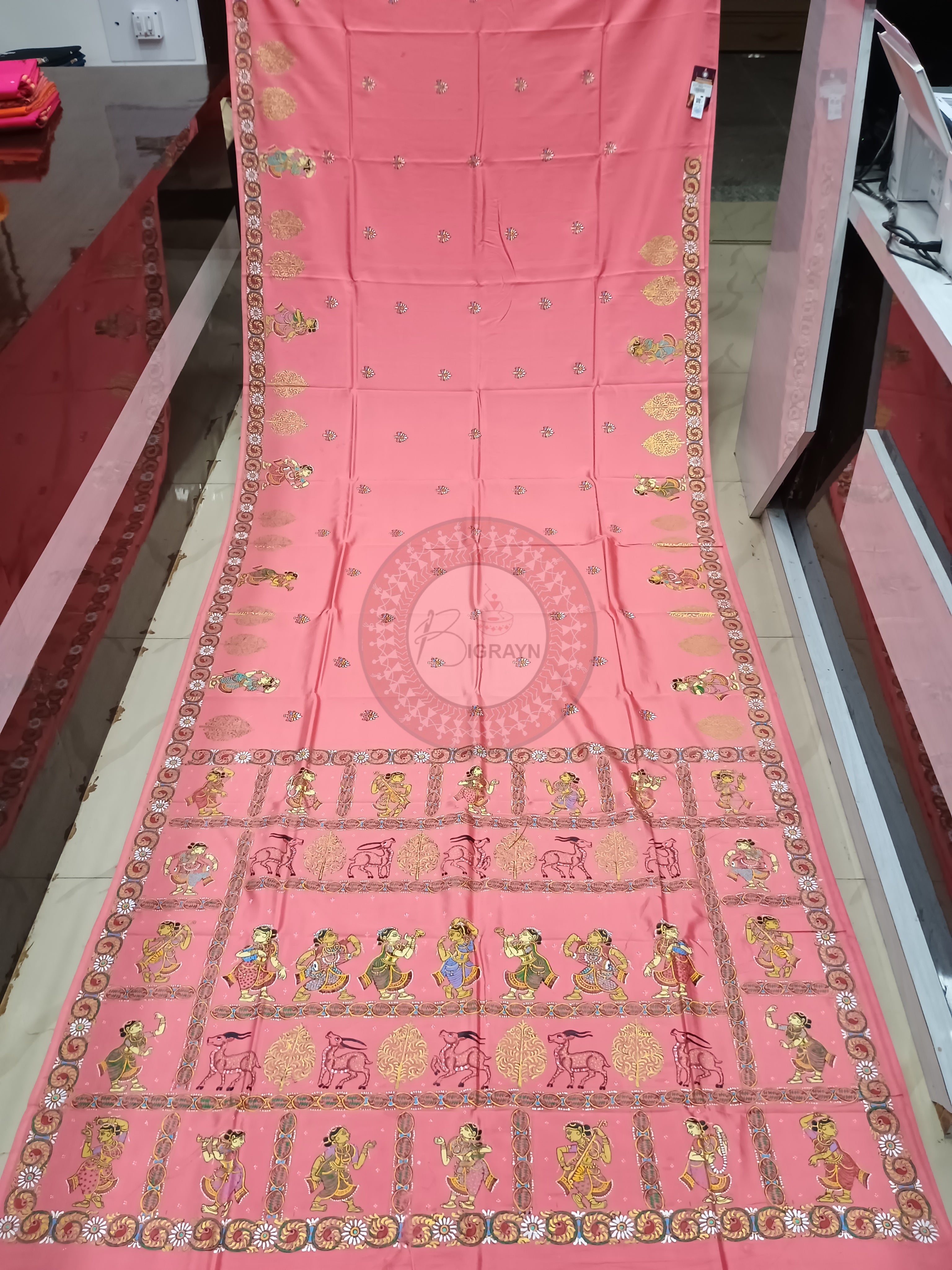 Pink Dancer Theme Pattachitra Khadi Silk Saree