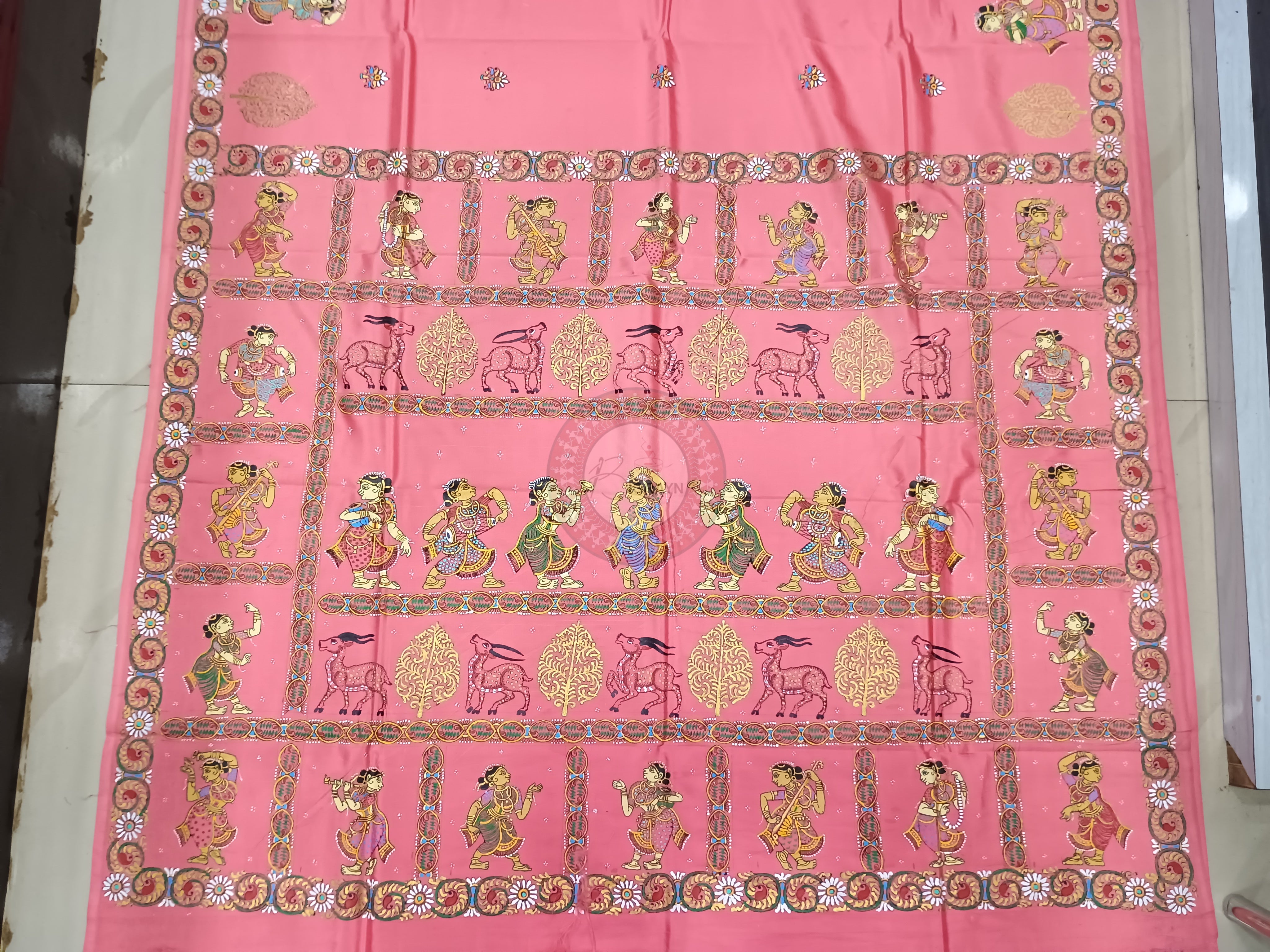 Pink Dancer Theme Pattachitra Khadi Silk Saree