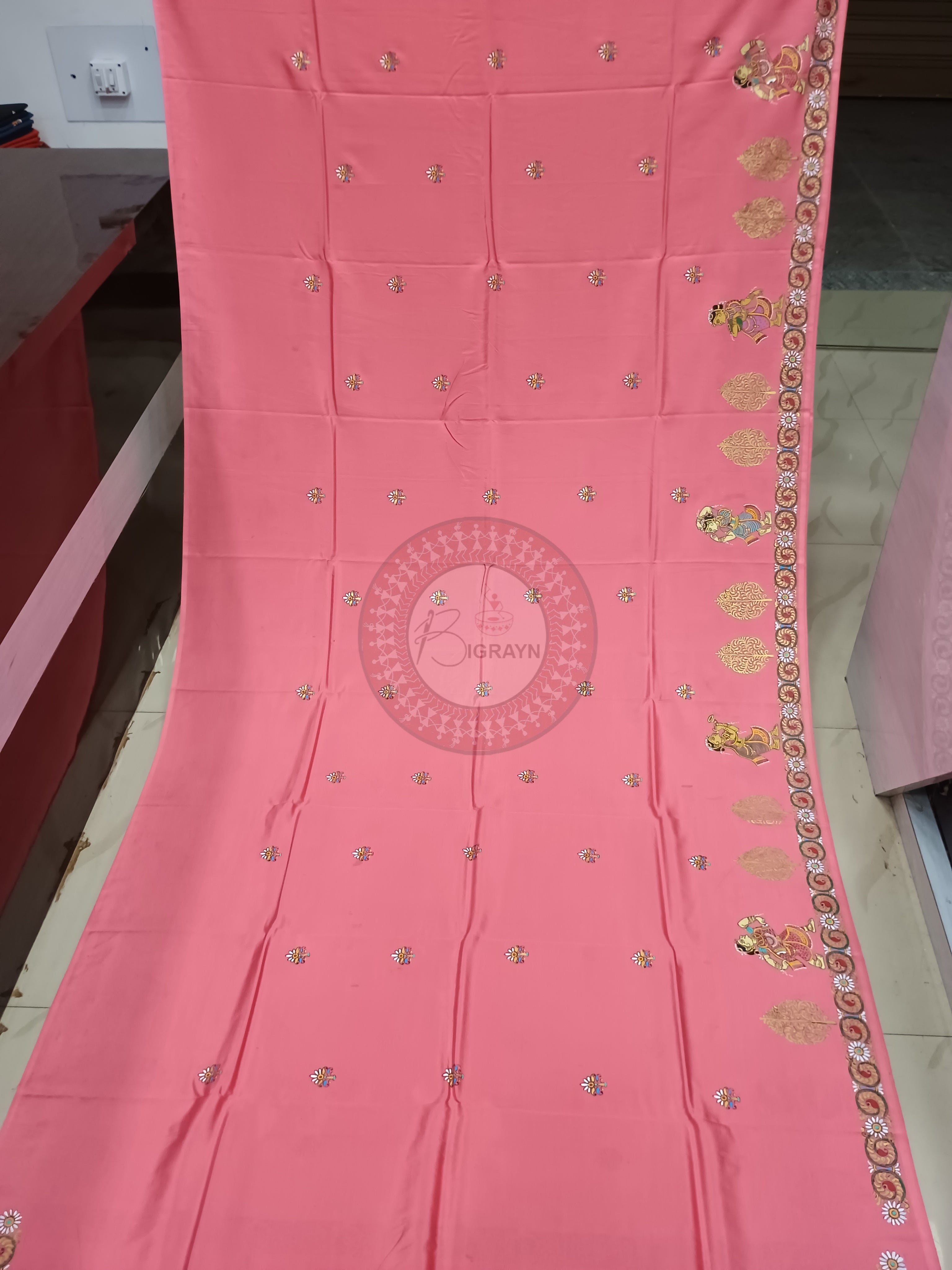 Pink Dancer Theme Pattachitra Khadi Silk Saree