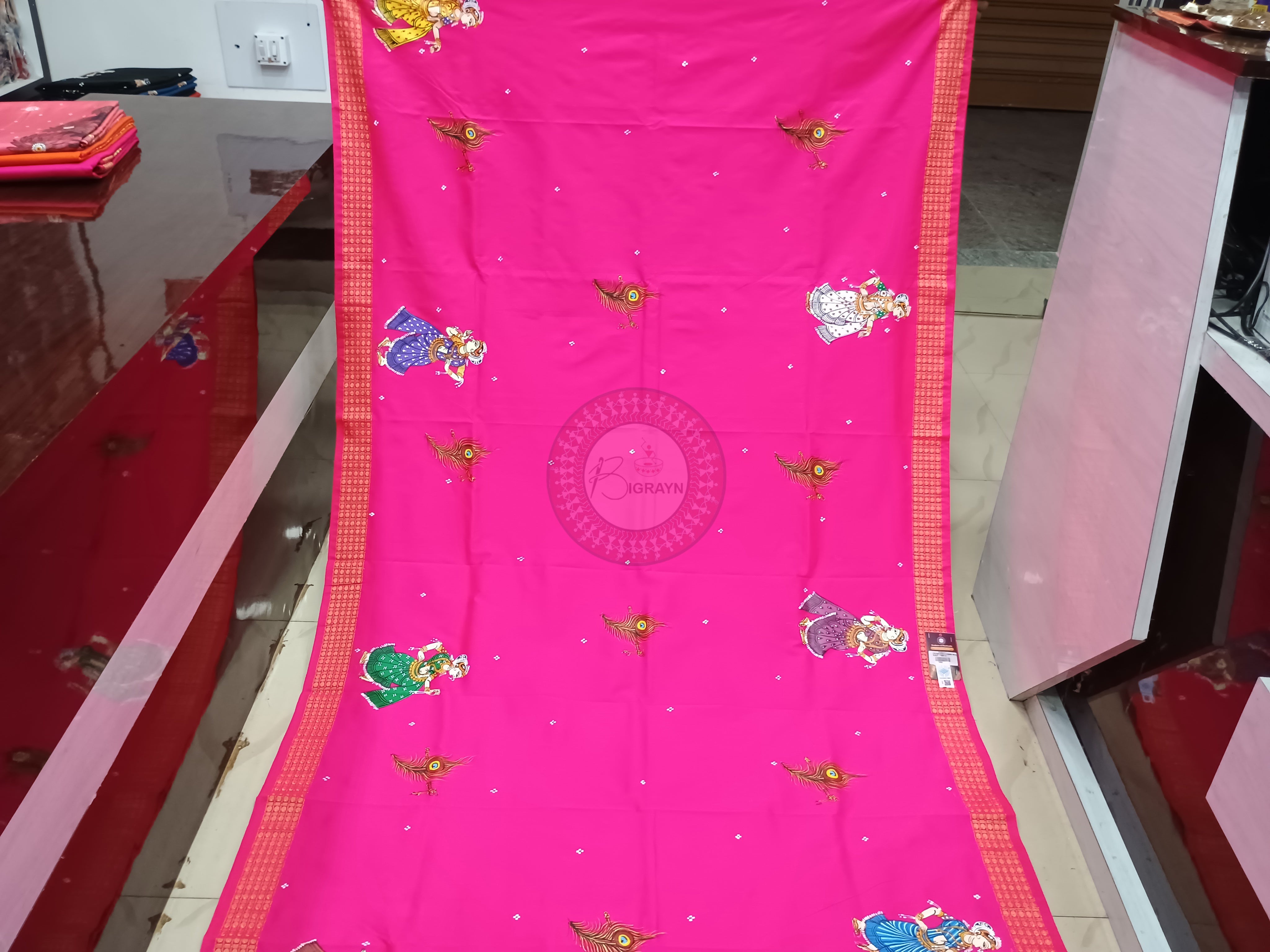 Pink Kumarpurnima Theme Pattachitra Cotton Blended Silk Saree