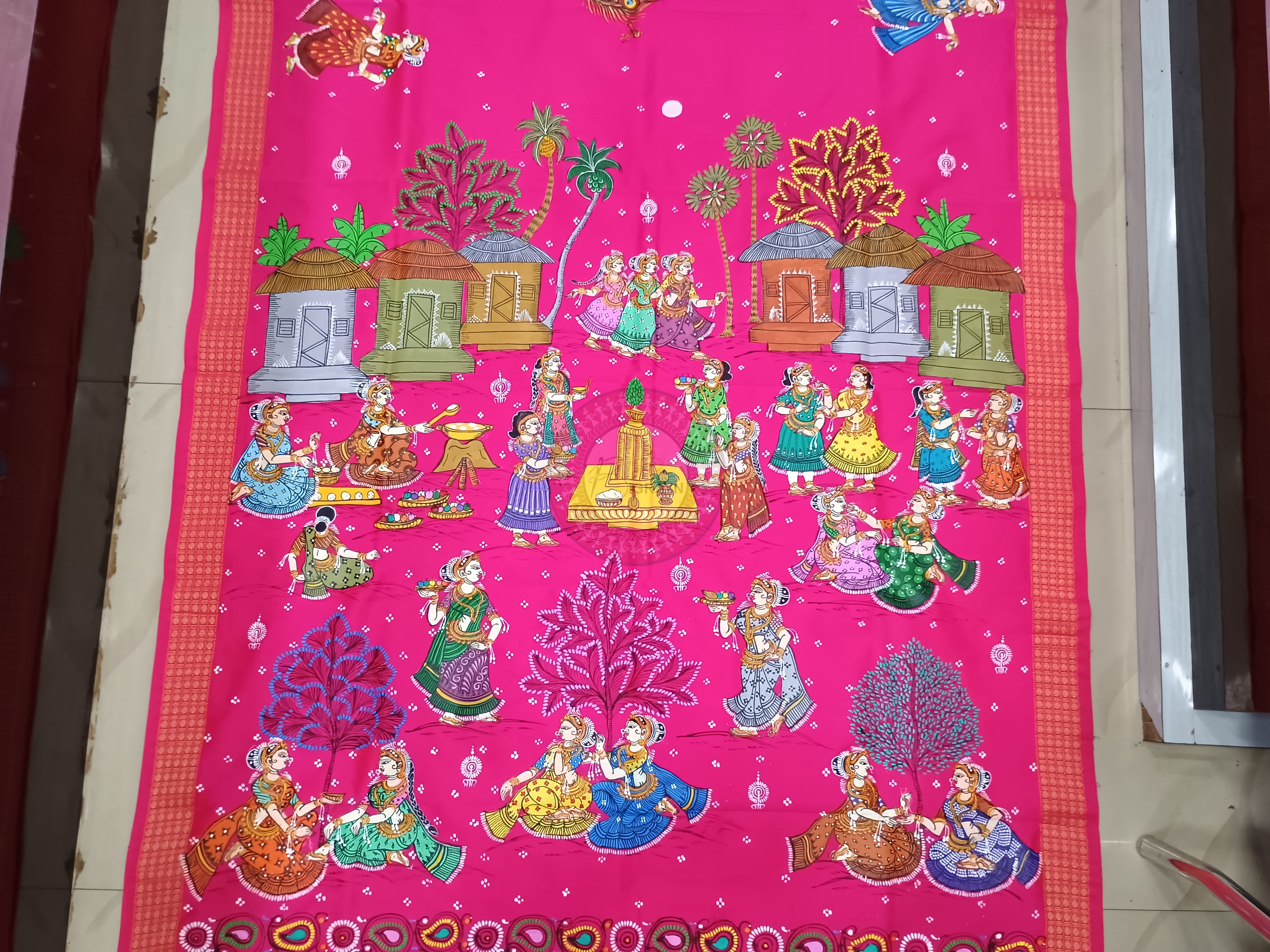 Pink Kumarpurnima Theme Pattachitra Cotton Blended Silk Saree