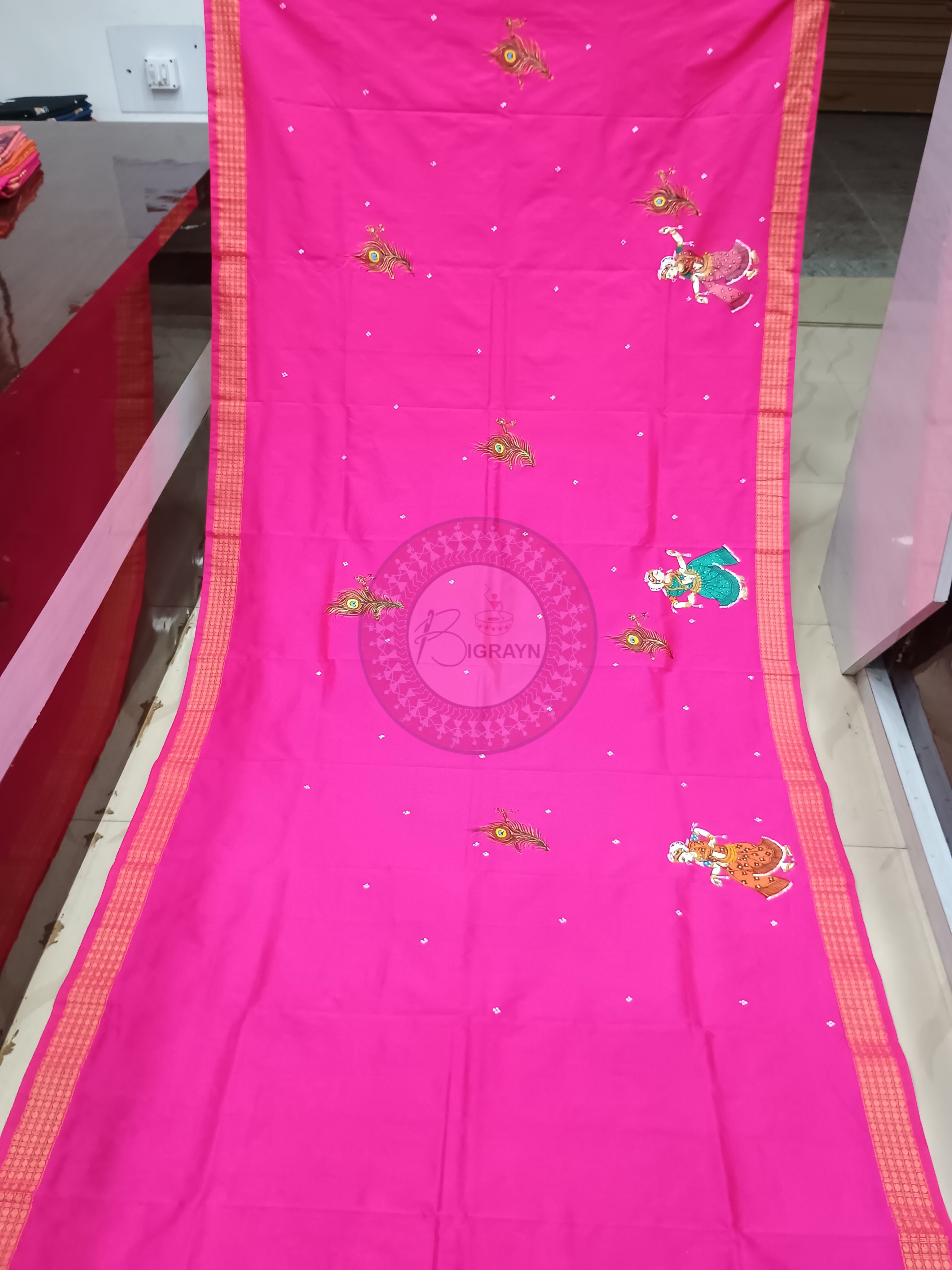 Pink Kumarpurnima Theme Pattachitra Cotton Blended Silk Saree