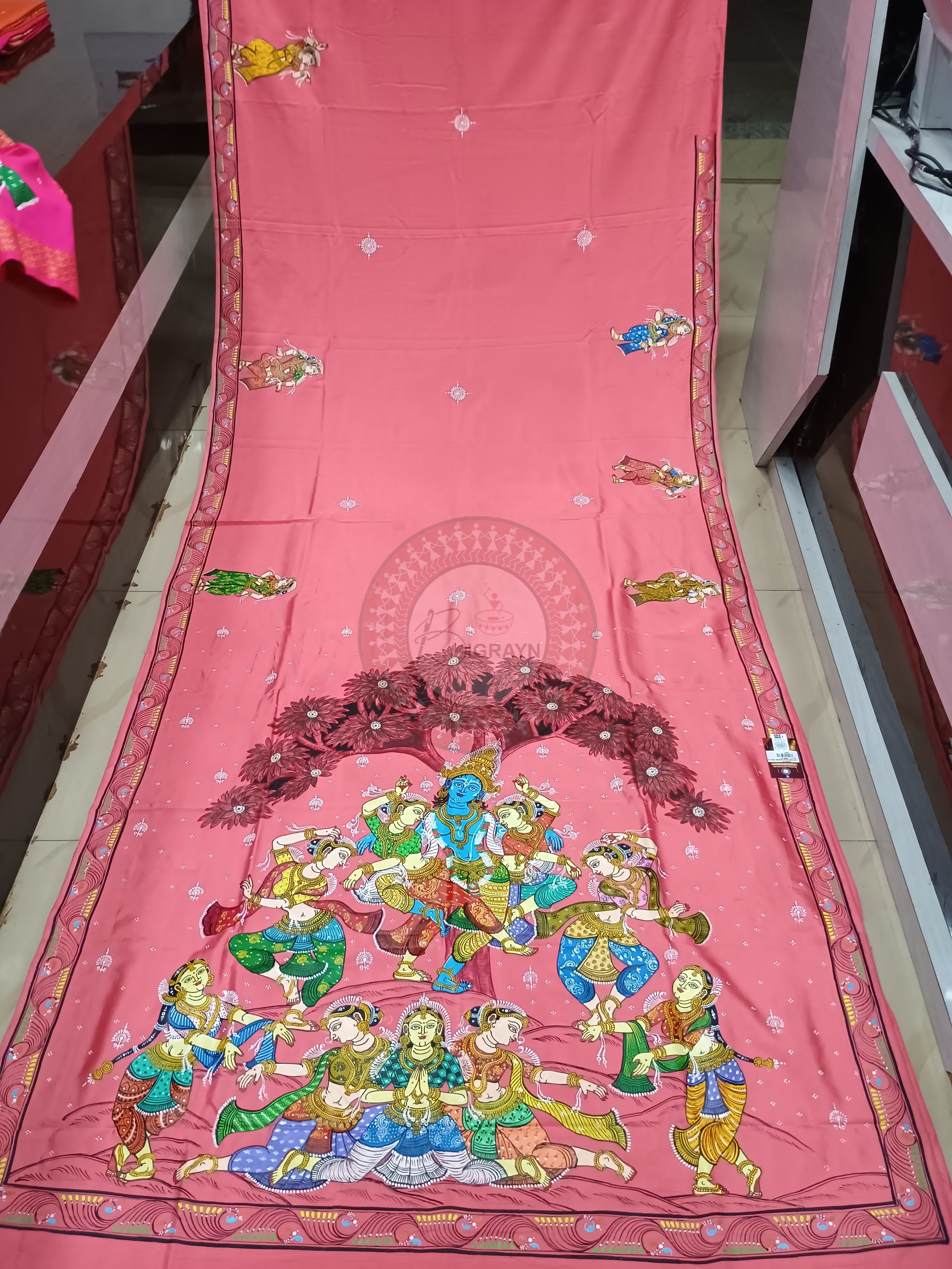 Pink Radha Krishna Rasa Theme Pattachitra Khadi Silk Saree