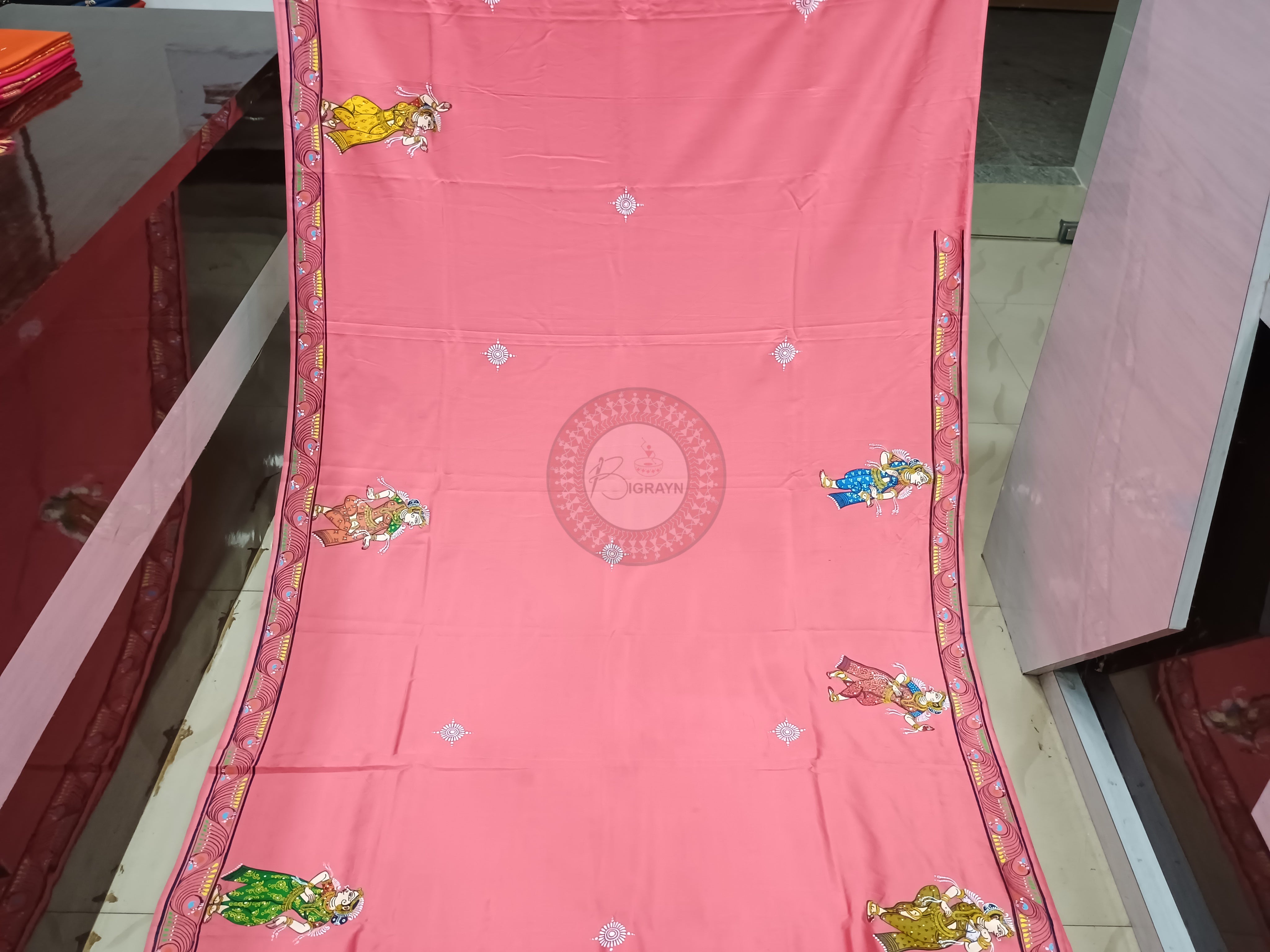 Pink Radha Krishna Rasa Theme Pattachitra Khadi Silk Saree