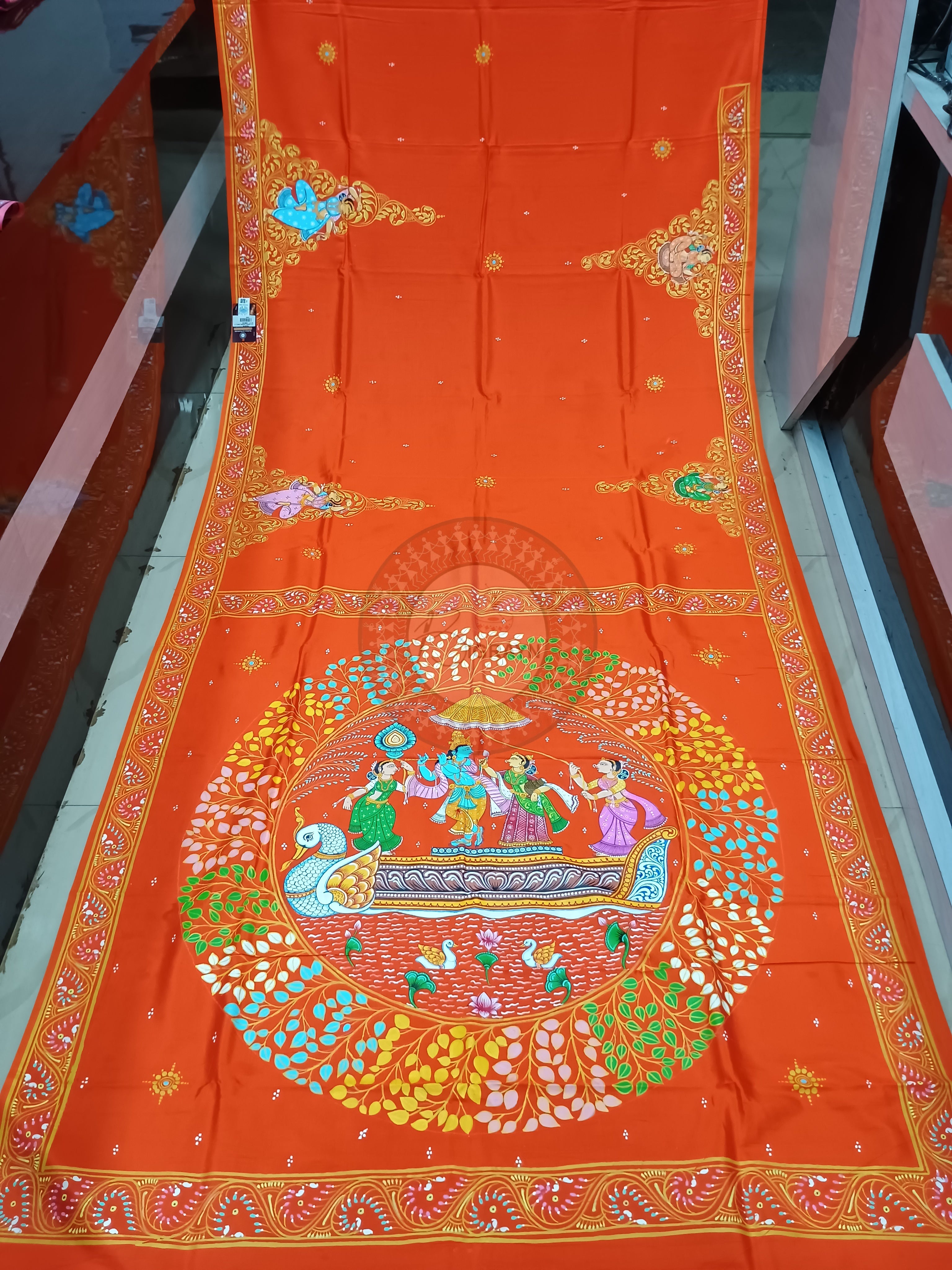Orange Nabakeli Boita Theme Pattachitra Khadi Silk Saree