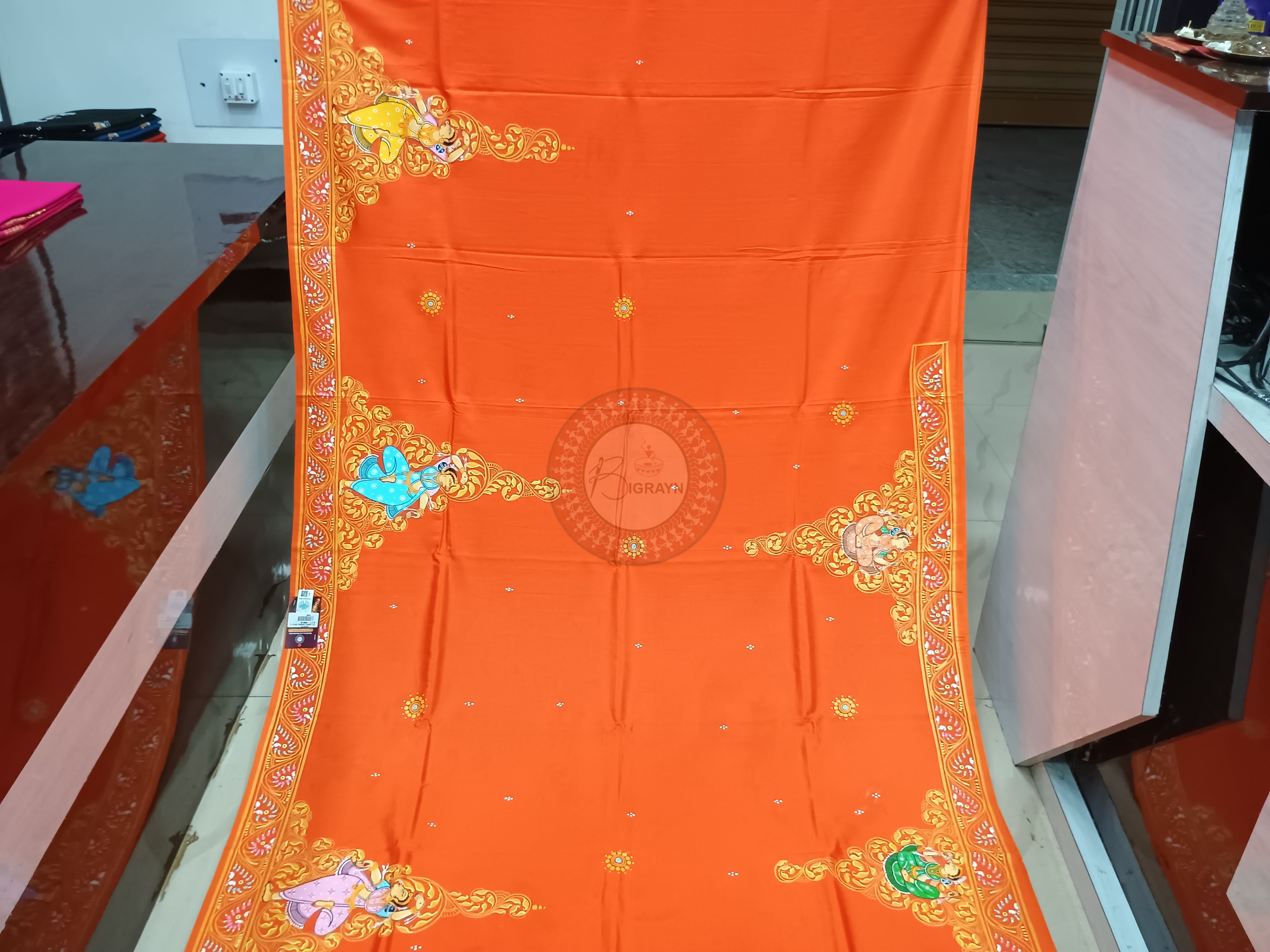 Orange Nabakeli Boita Theme Pattachitra Khadi Silk Saree