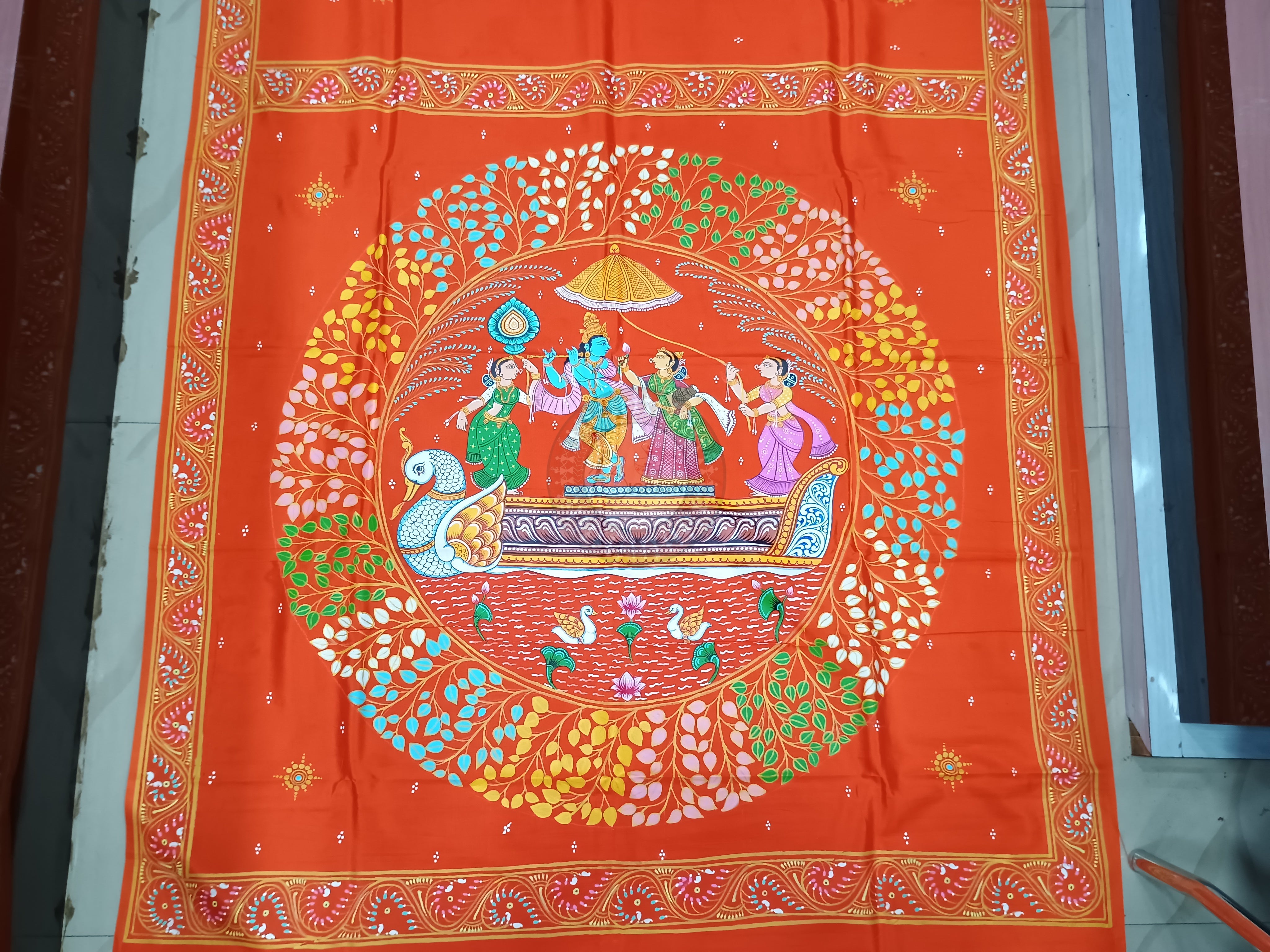 Orange Nabakeli Boita Theme Pattachitra Khadi Silk Saree