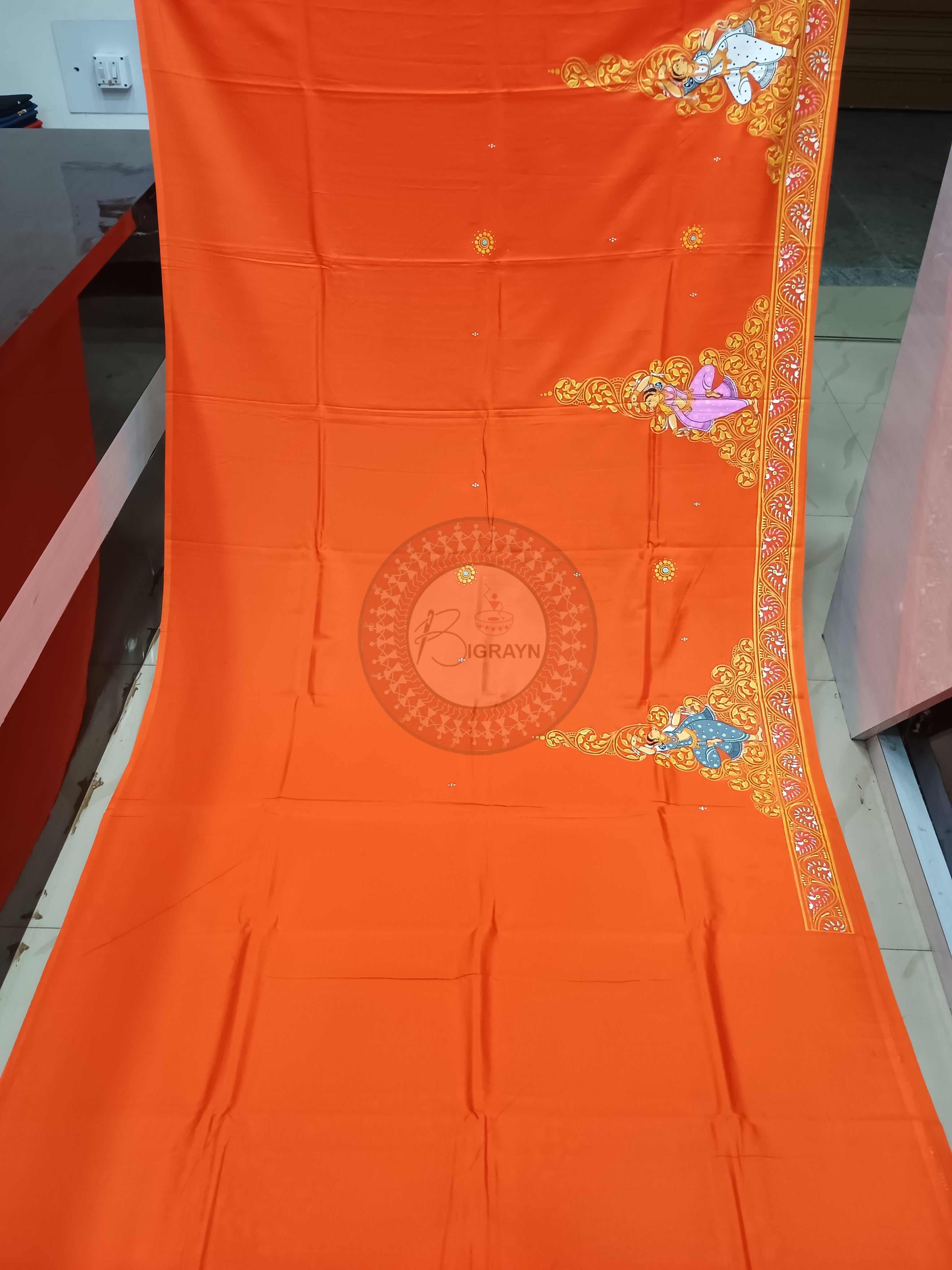 Orange Nabakeli Boita Theme Pattachitra Khadi Silk Saree
