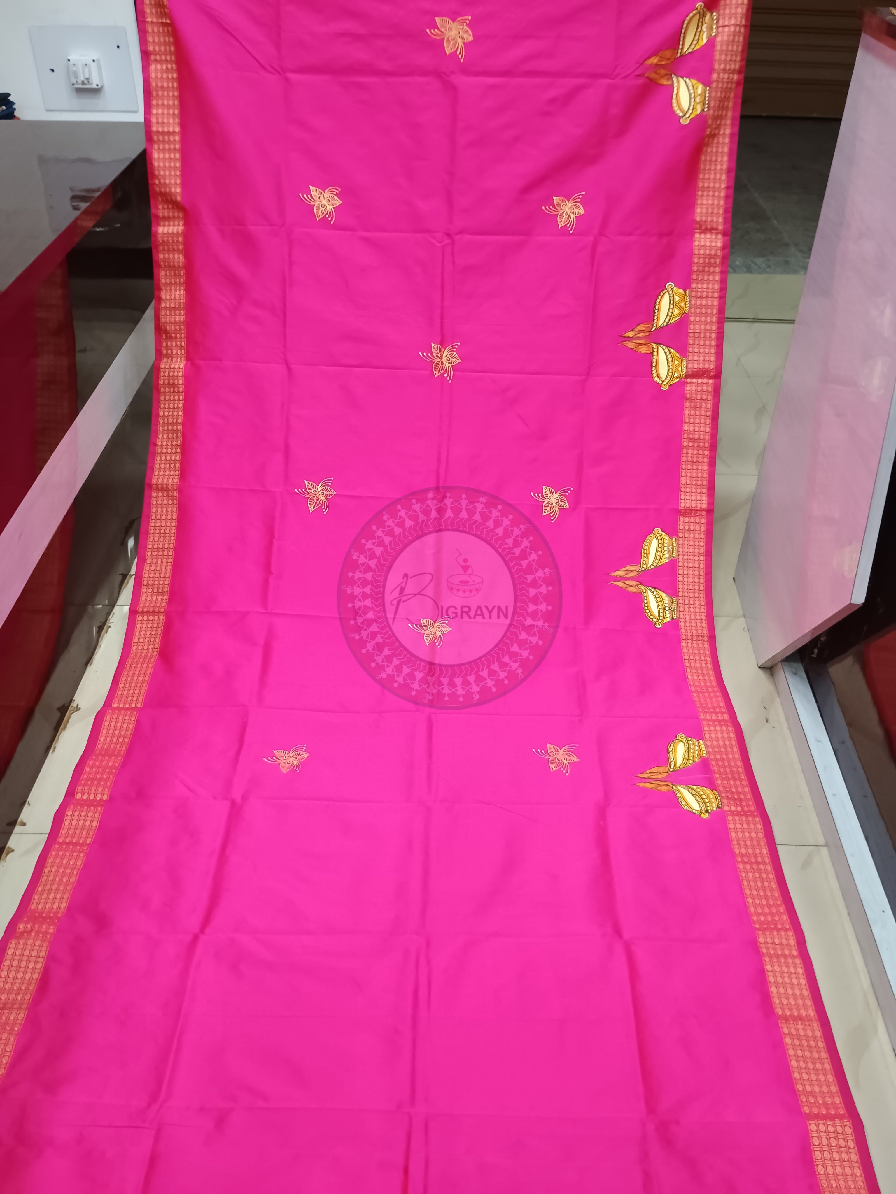 Pink Diwali Theme Pattachitra Cotton Blended Silk Saree