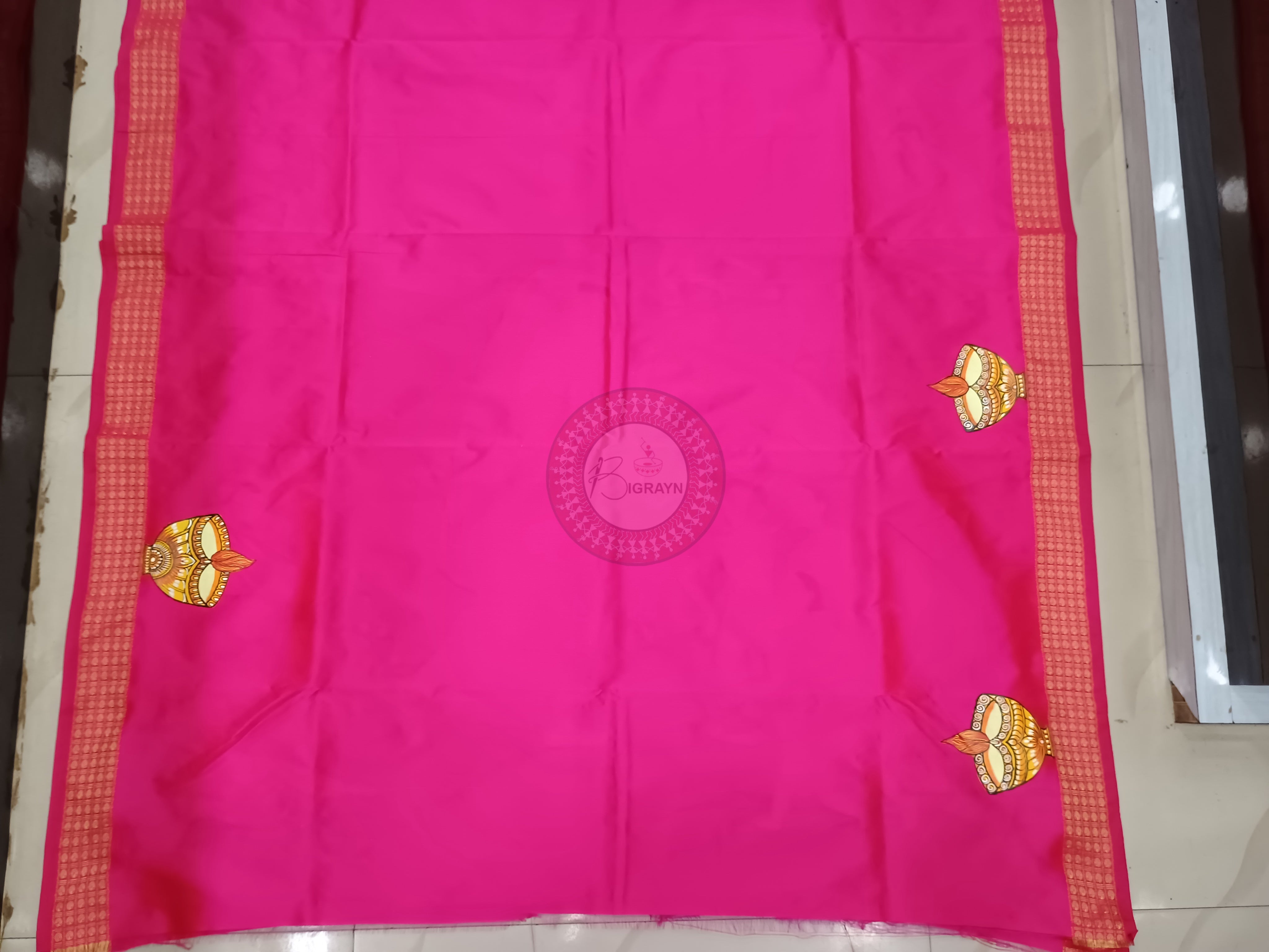 Pink Diwali Theme Pattachitra Cotton Blended Silk Saree