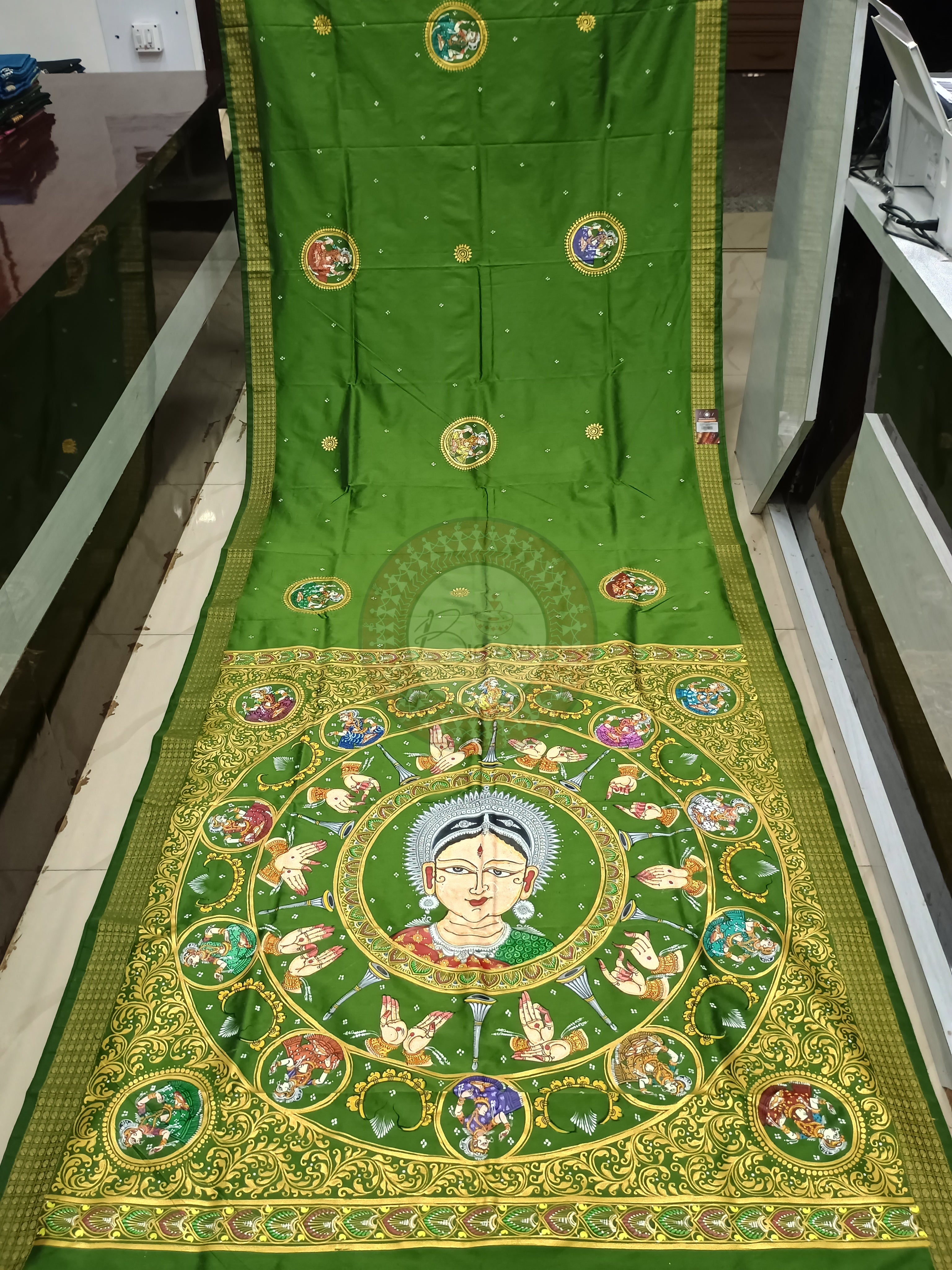 Mehendi Green Odissi Dancer Mudra Theme Pattachitra Cotton Blended Silk Saree
