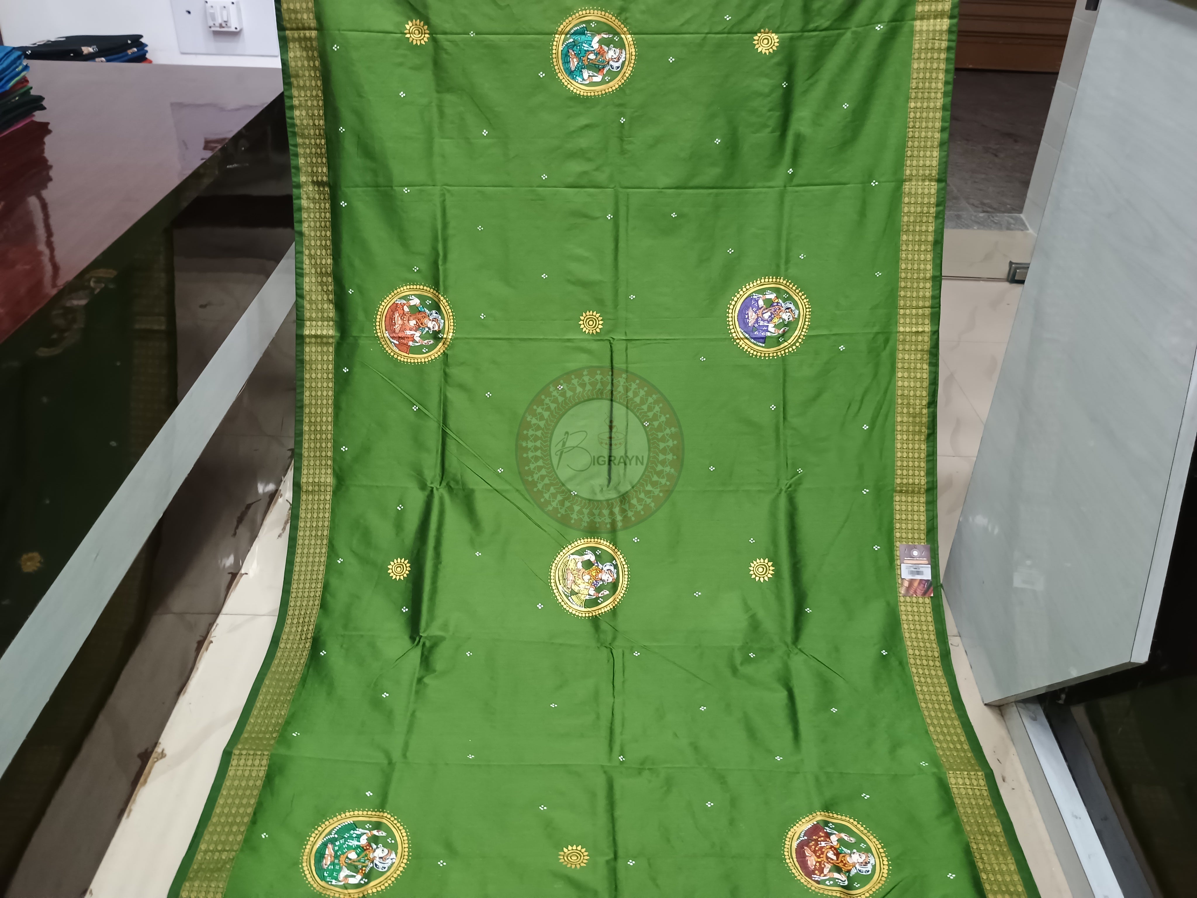 Mehendi Green Odissi Dancer Mudra Theme Pattachitra Cotton Blended Silk Saree