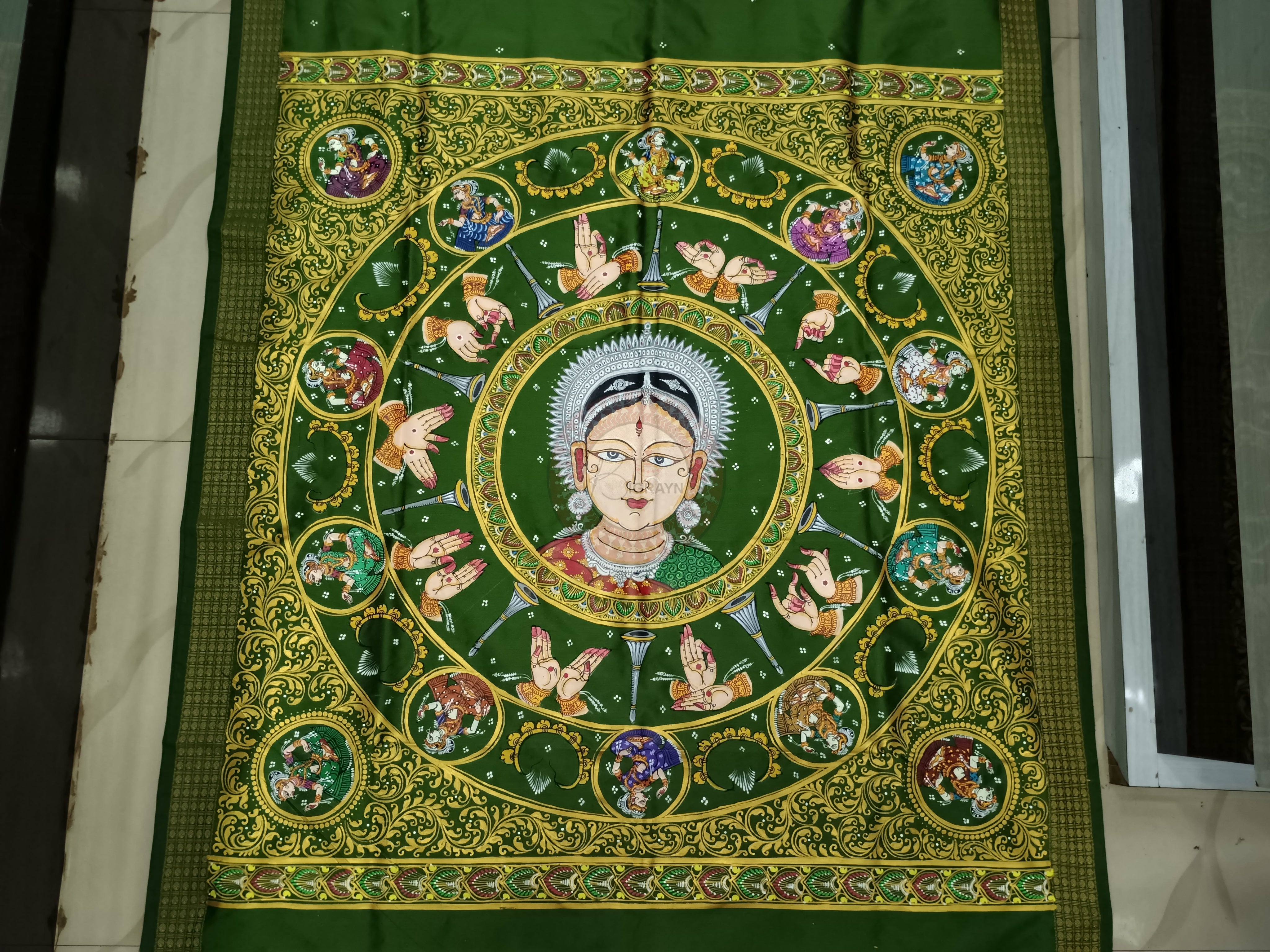 Mehendi Green Odissi Dancer Mudra Theme Pattachitra Cotton Blended Silk Saree