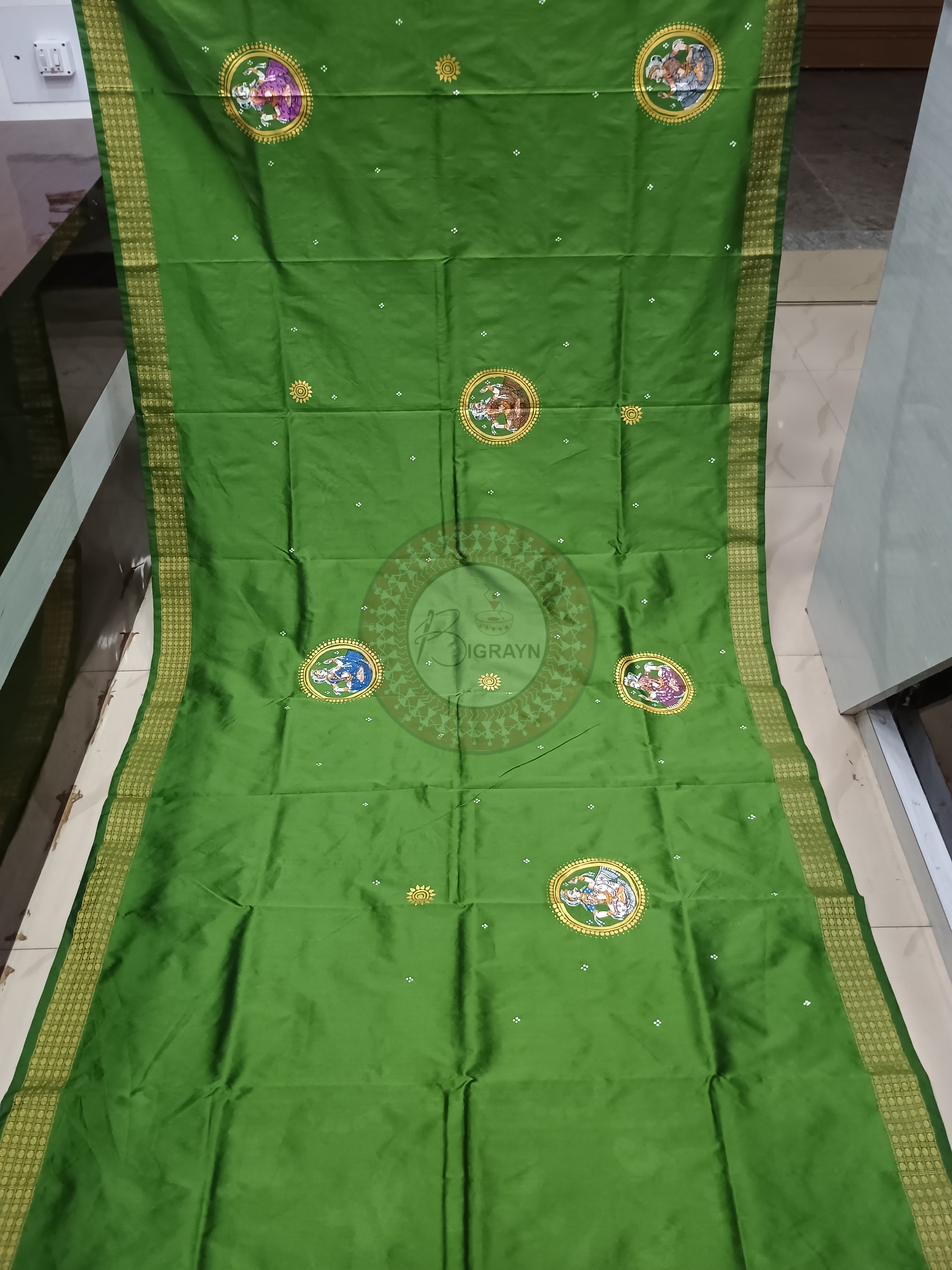 Mehendi Green Odissi Dancer Mudra Theme Pattachitra Cotton Blended Silk Saree