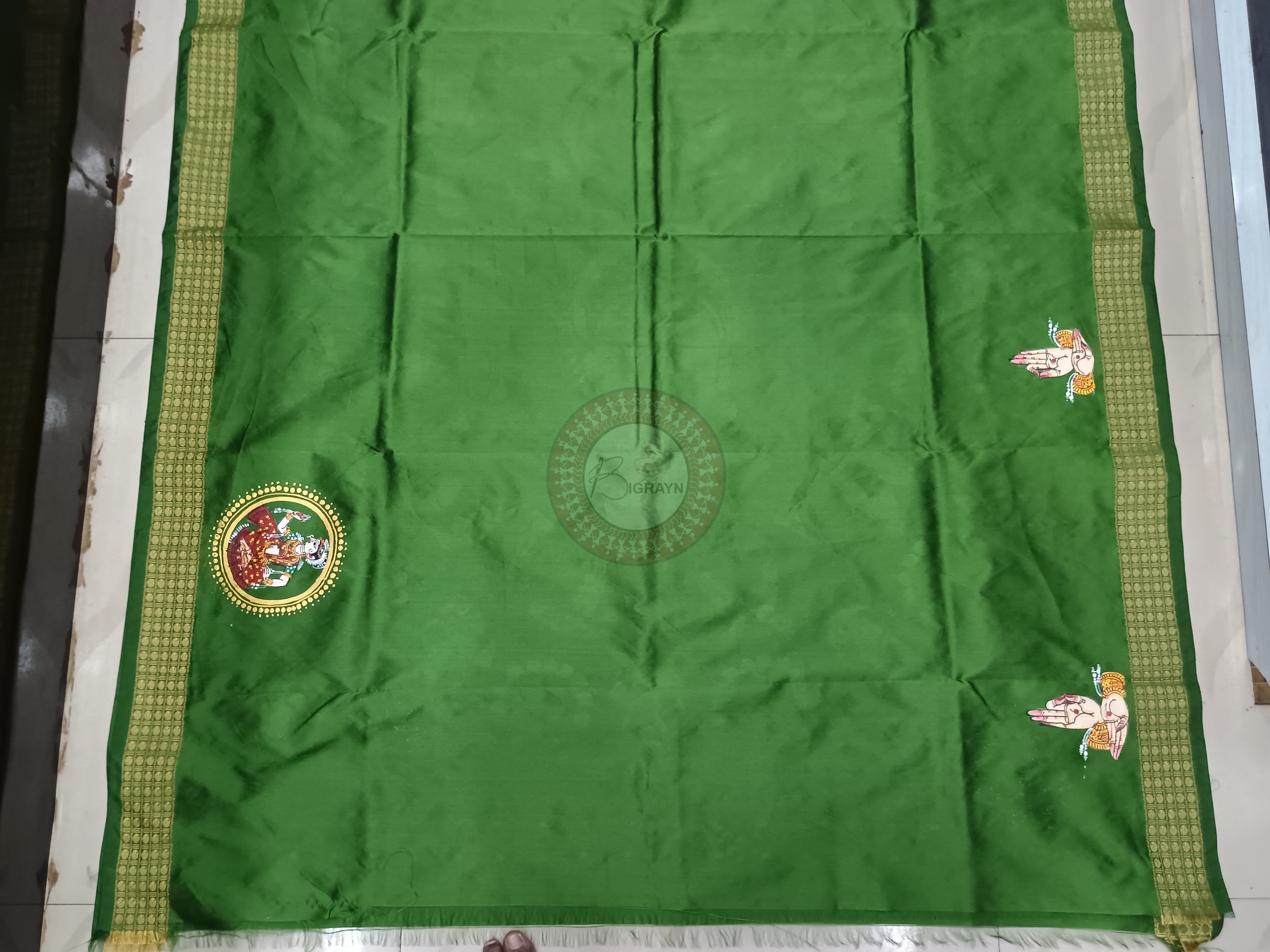 Mehendi Green Odissi Dancer Mudra Theme Pattachitra Cotton Blended Silk Saree