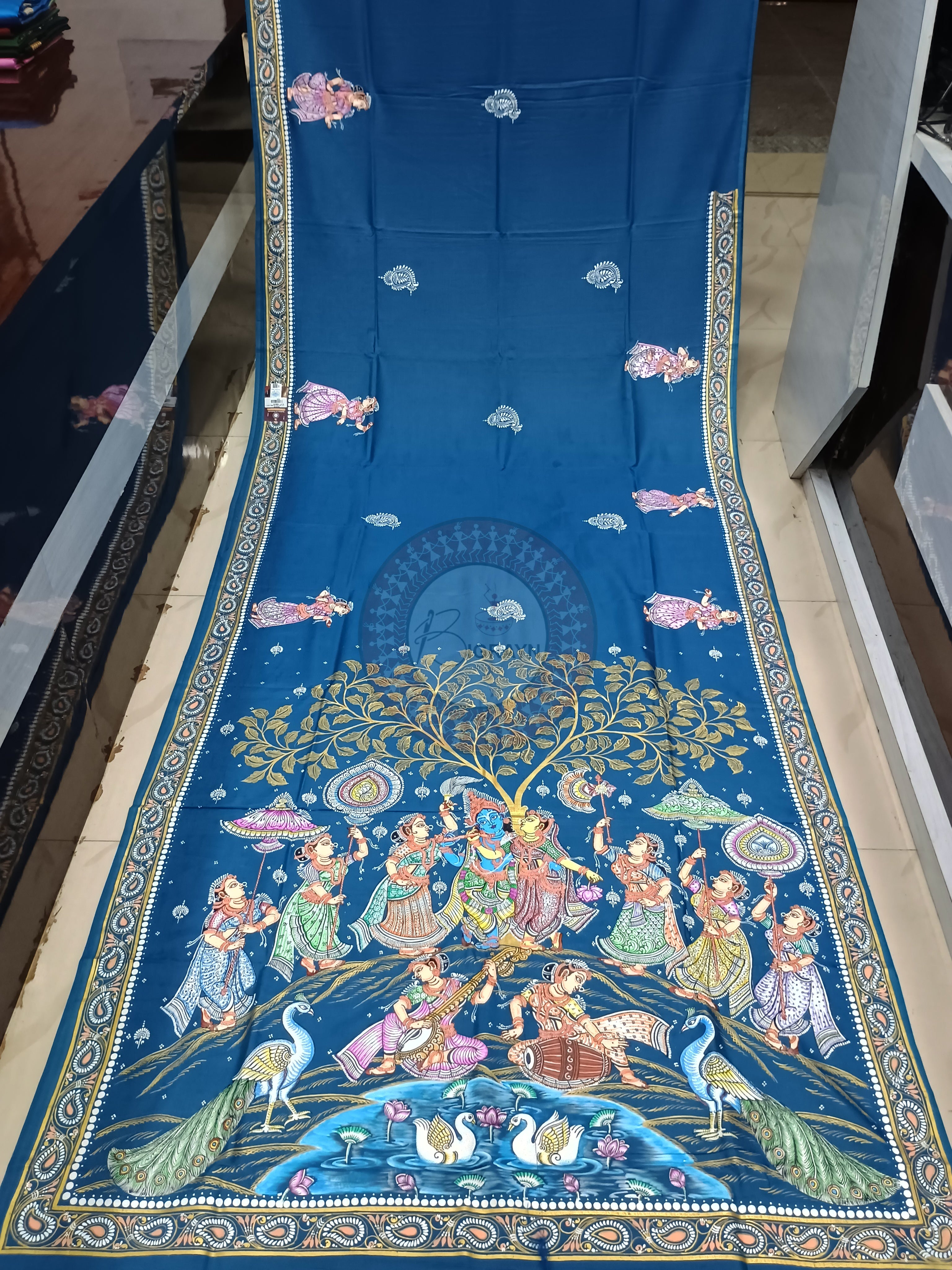 Teal Blue Radha Krishna Rasa Pattachitra Khadi Silk Saree