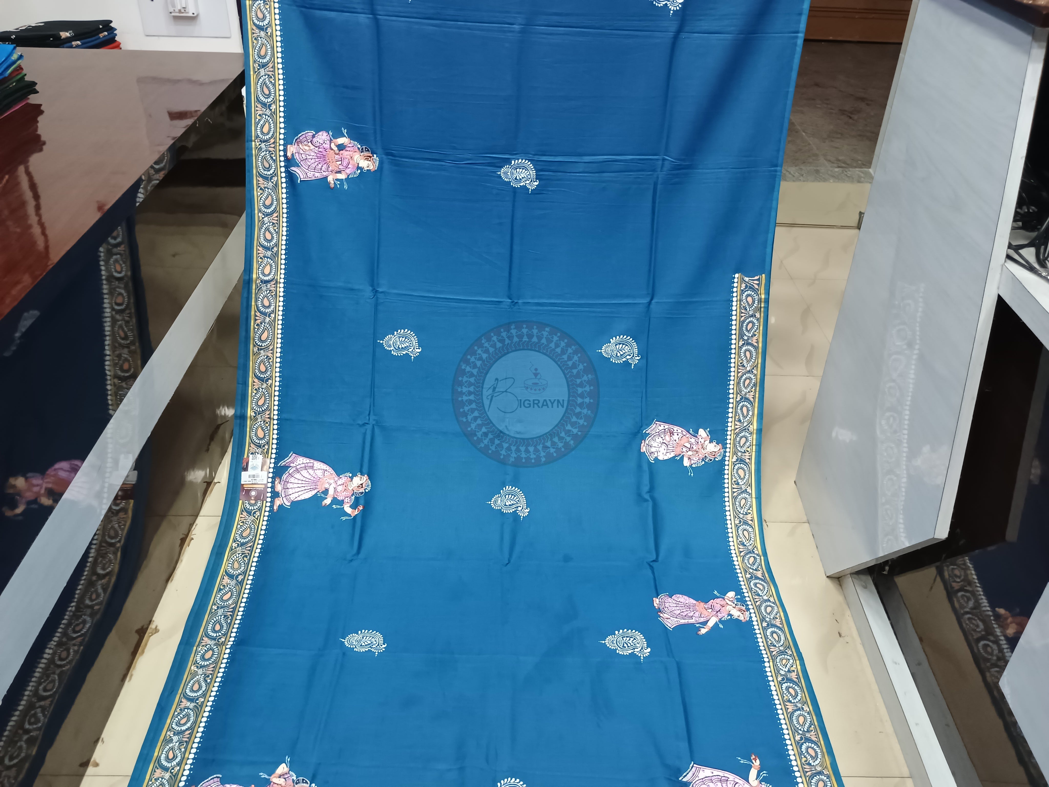 Teal Blue Radha Krishna Rasa Pattachitra Khadi Silk Saree
