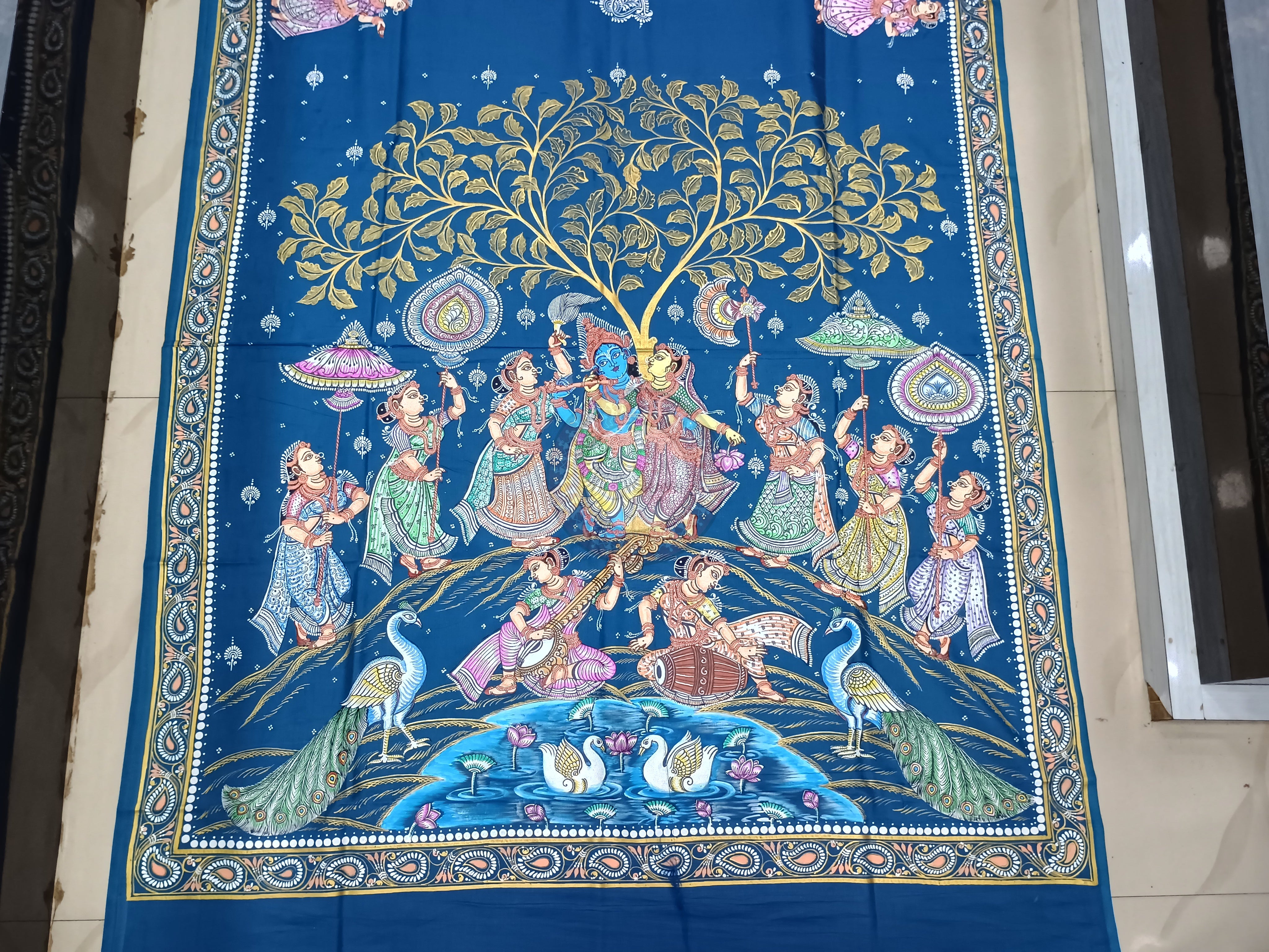 Teal Blue Radha Krishna Rasa Pattachitra Khadi Silk Saree