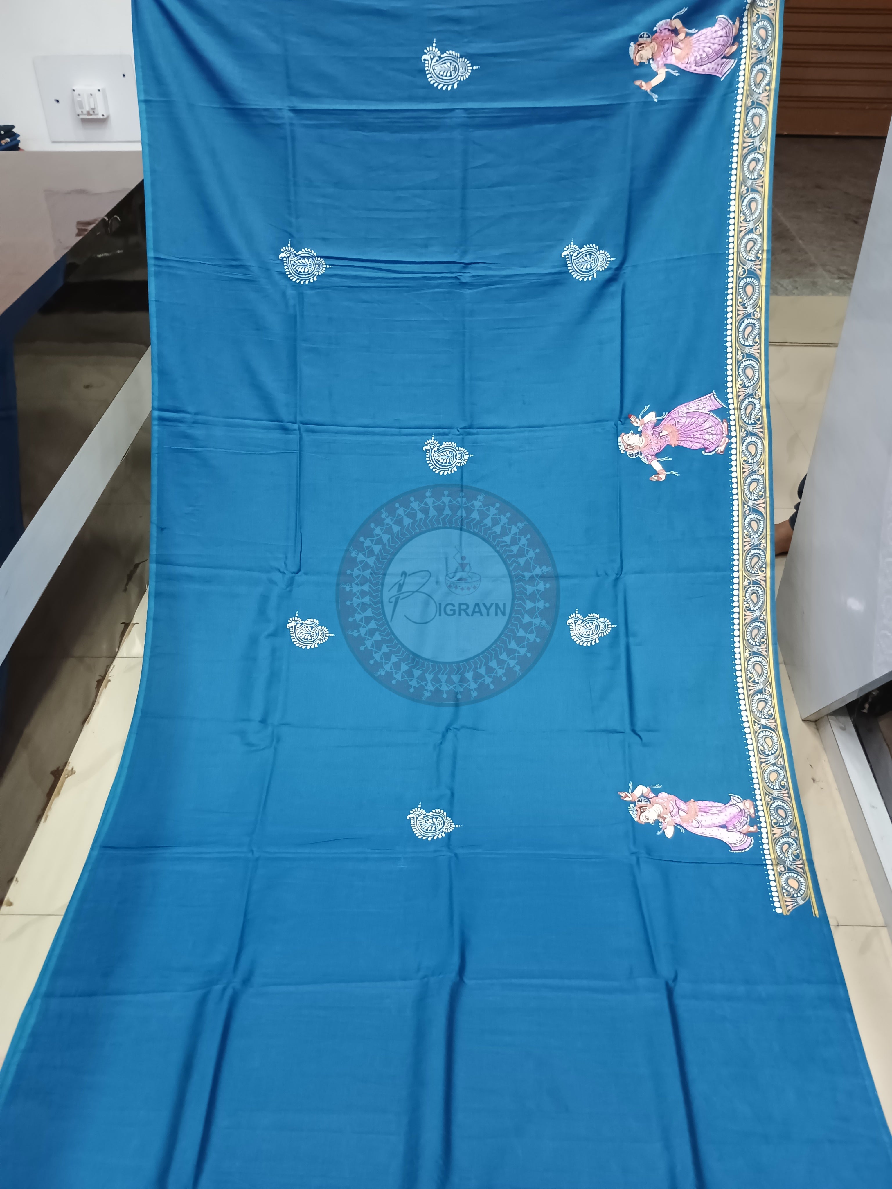 Teal Blue Radha Krishna Rasa Pattachitra Khadi Silk Saree