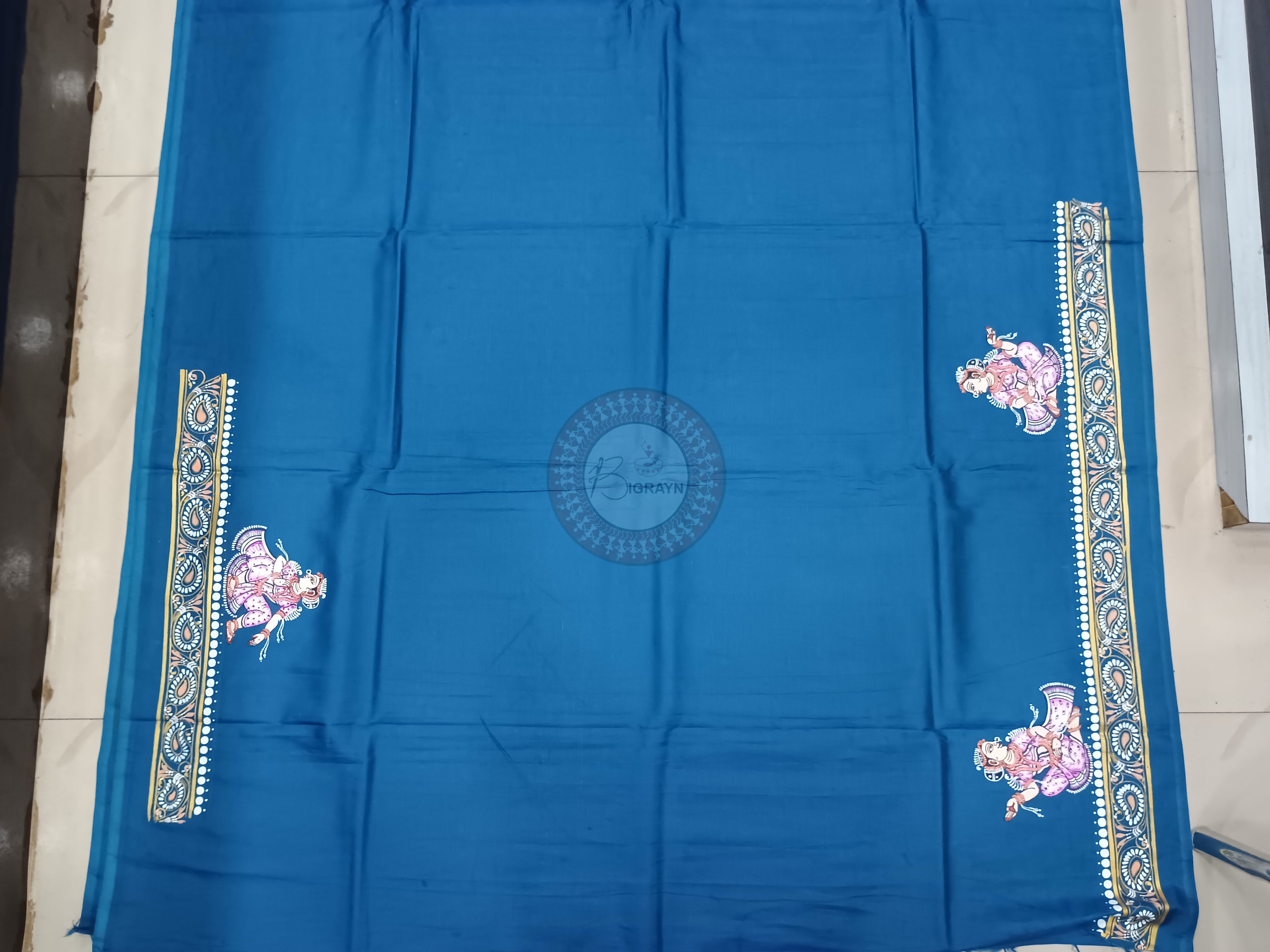 Teal Blue Radha Krishna Rasa Pattachitra Khadi Silk Saree