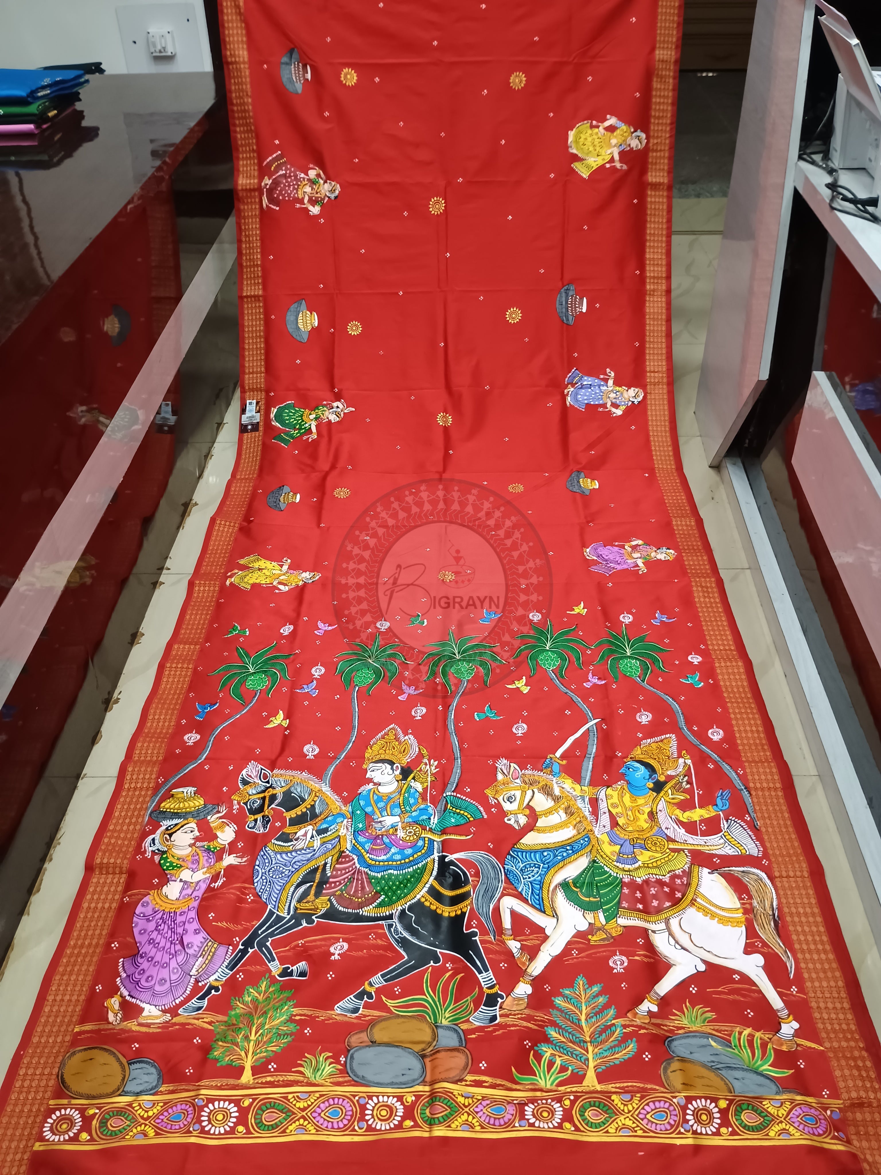 Red Kanchi Abhijan Pattachitra Cotton Blended Silk Saree