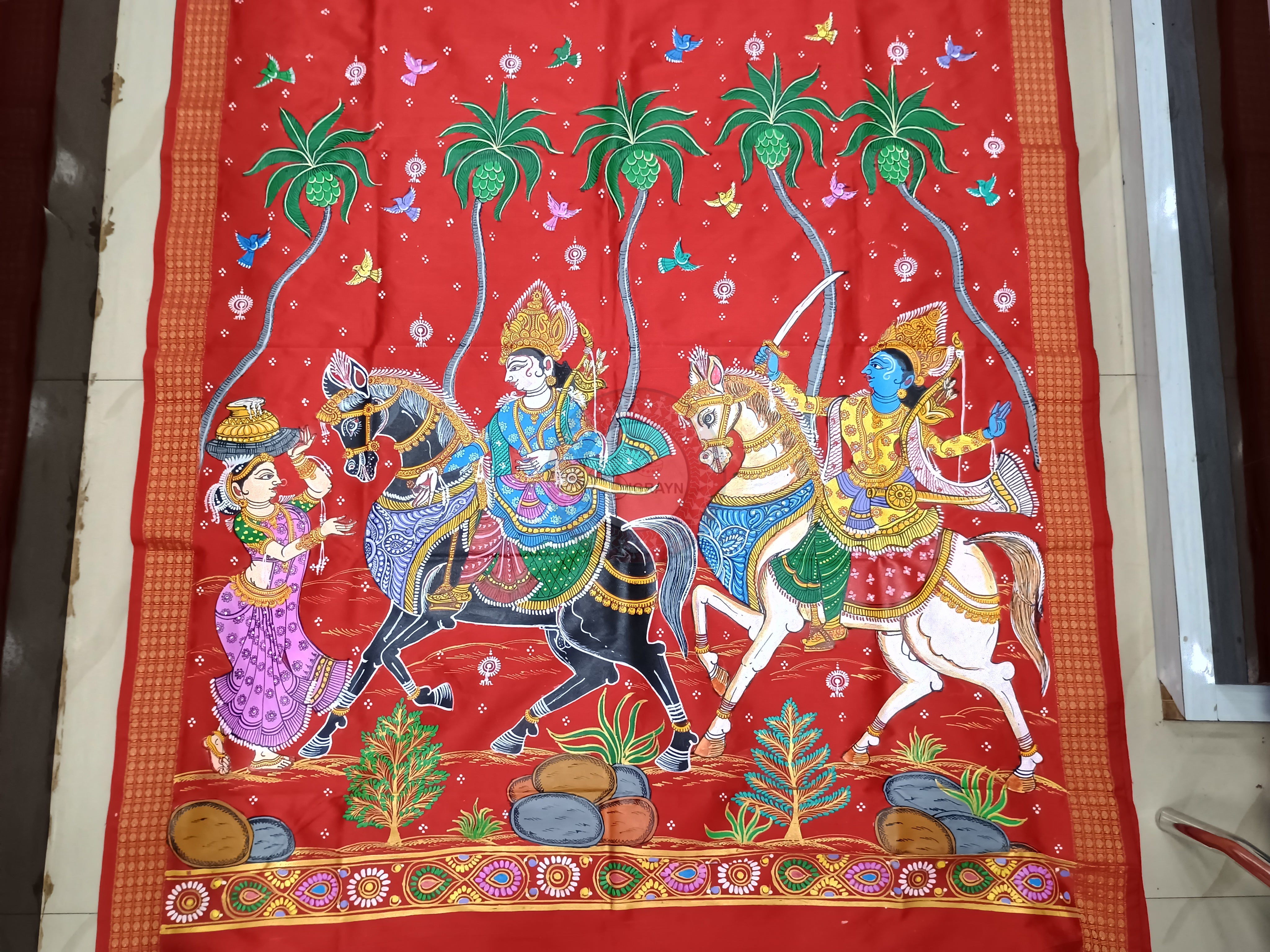 Red Kanchi Abhijan Pattachitra Cotton Blended Silk Saree