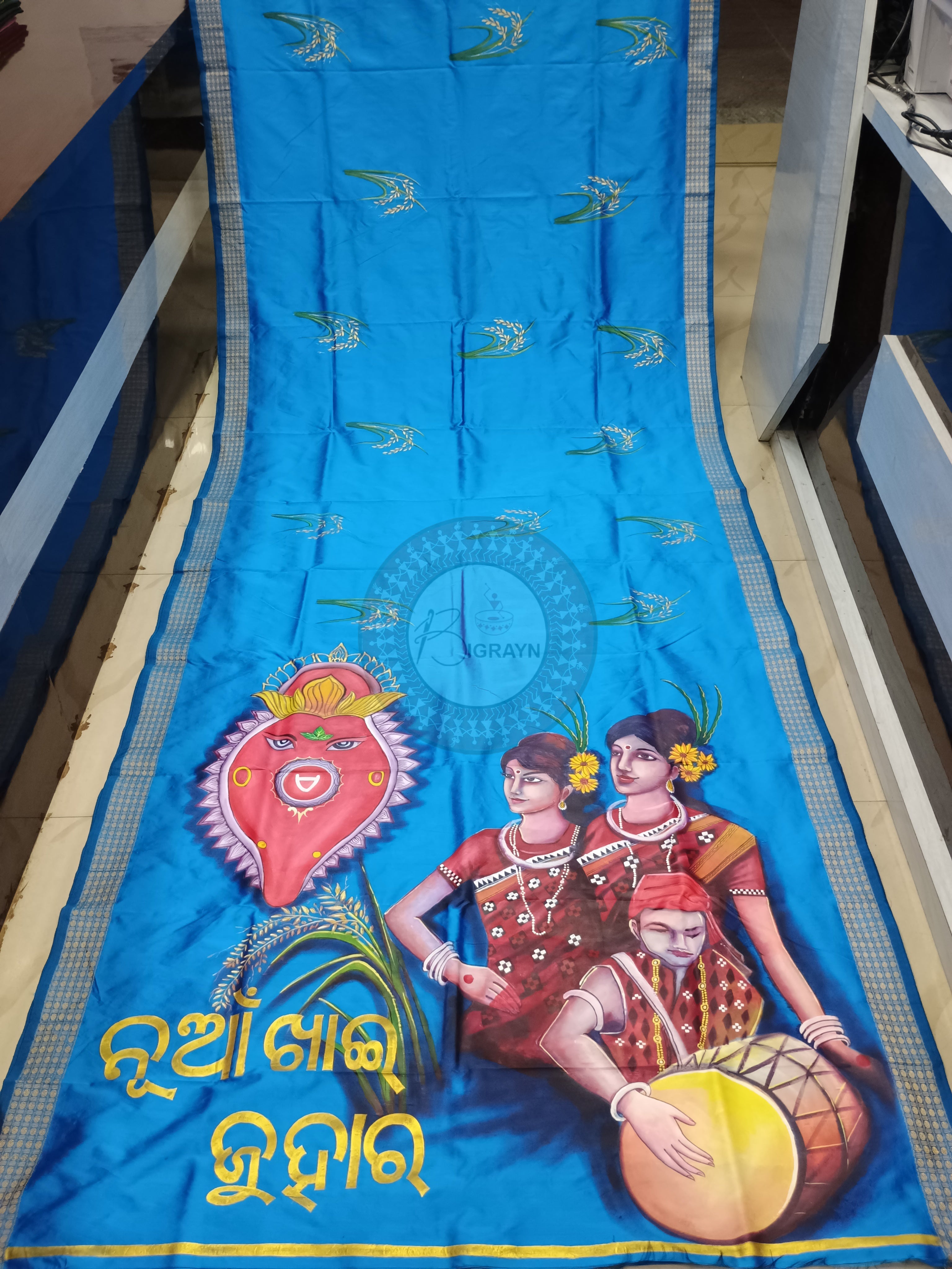 Blue Nuakhai Theme Pattachitra Cotton Blended Silk Saree