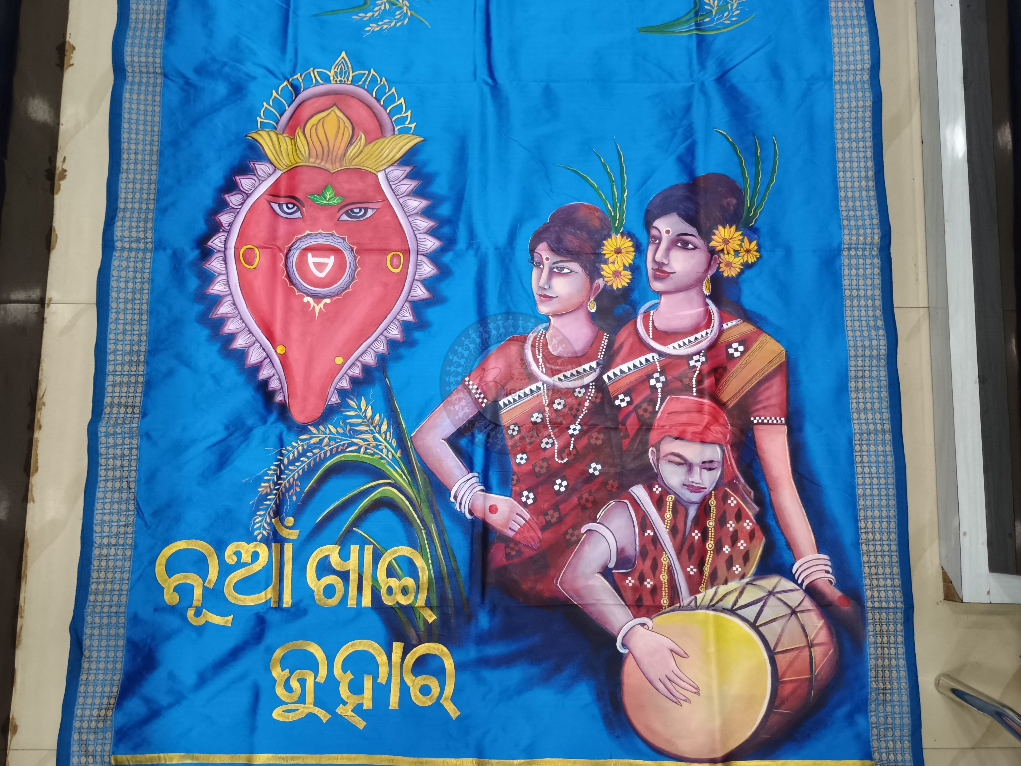 Blue Nuakhai Theme Pattachitra Cotton Blended Silk Saree