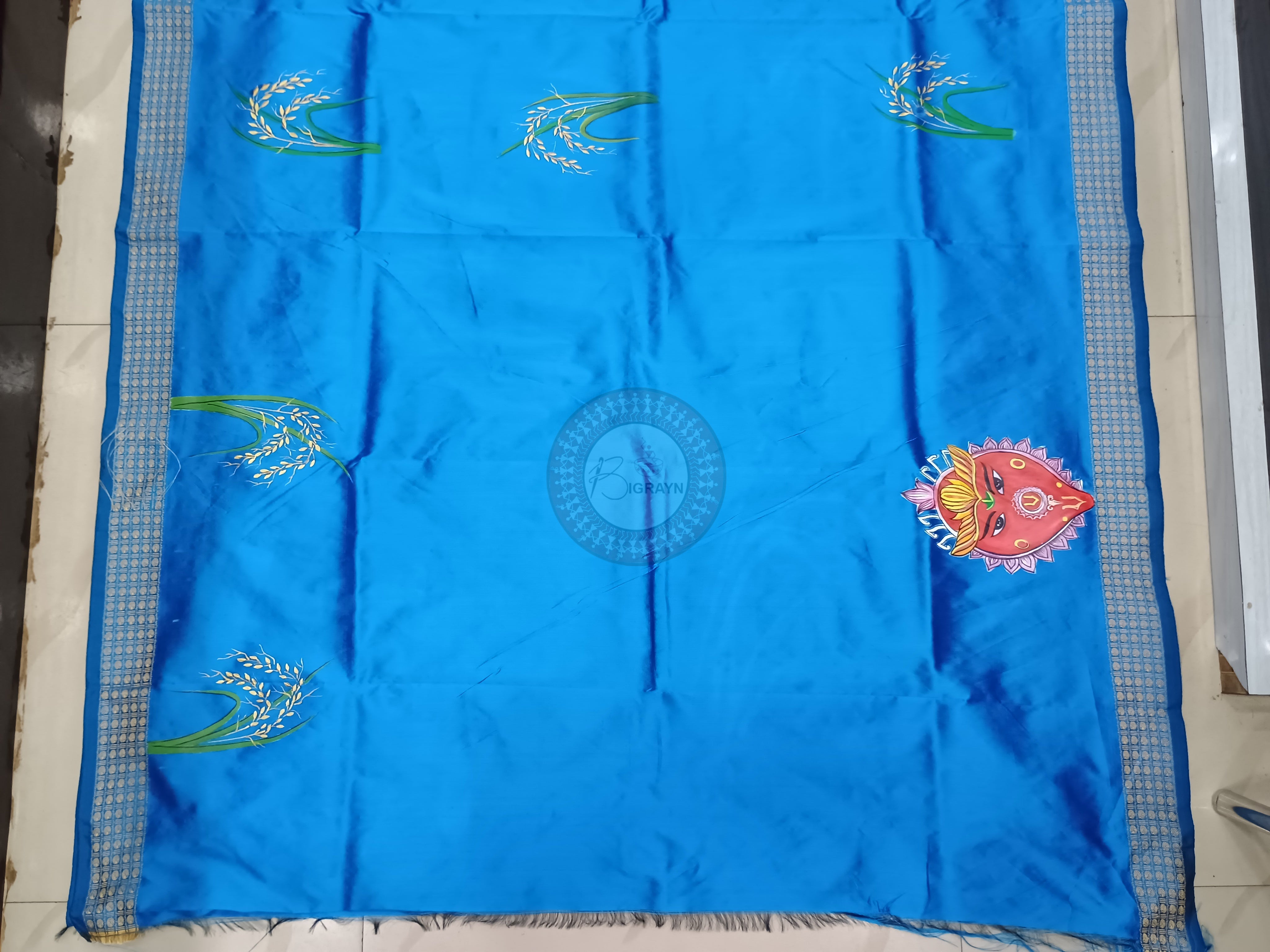 Blue Nuakhai Theme Pattachitra Cotton Blended Silk Saree
