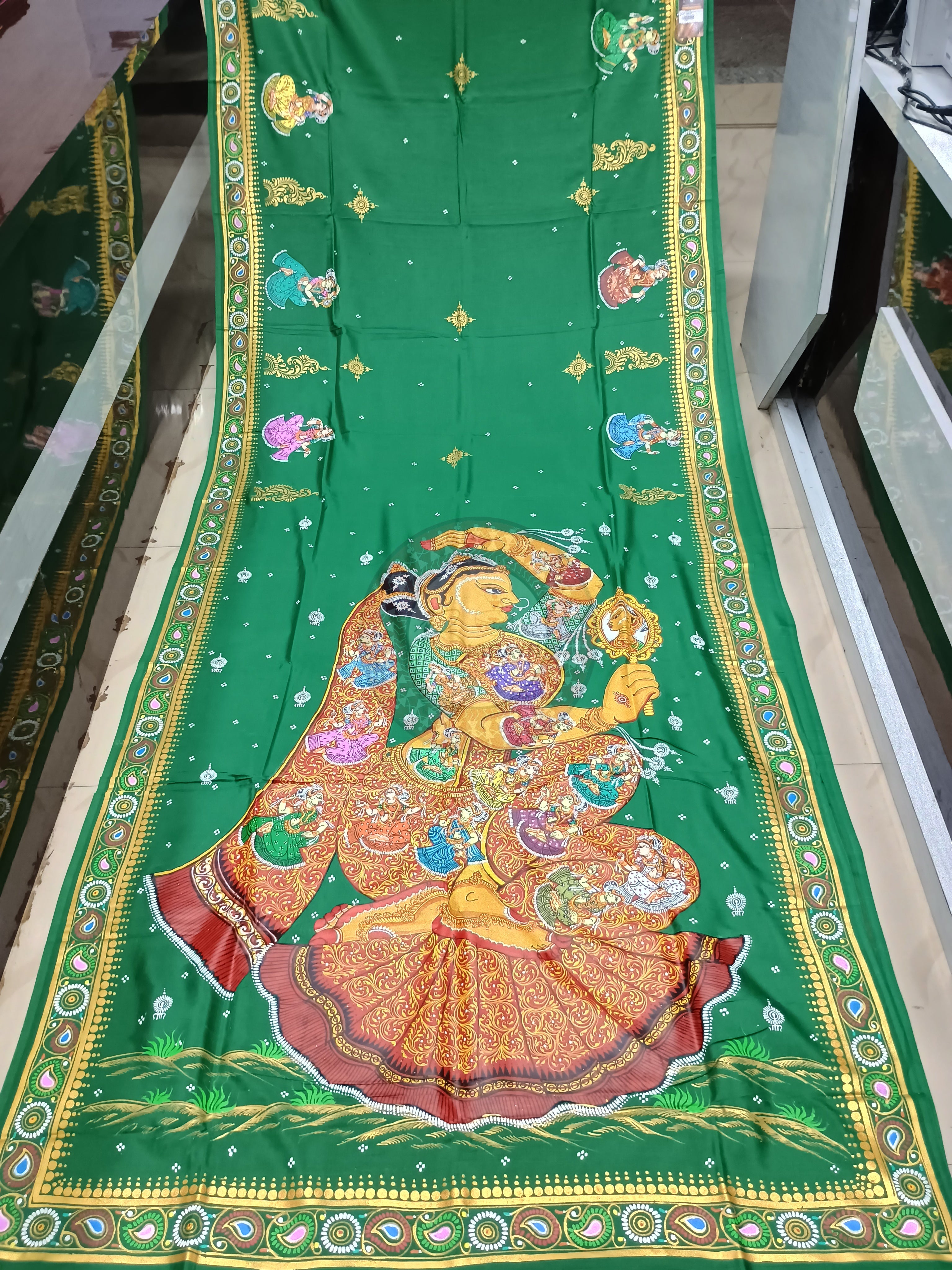 Green Solha Singhara Pattachitra Khadi Silk Saree