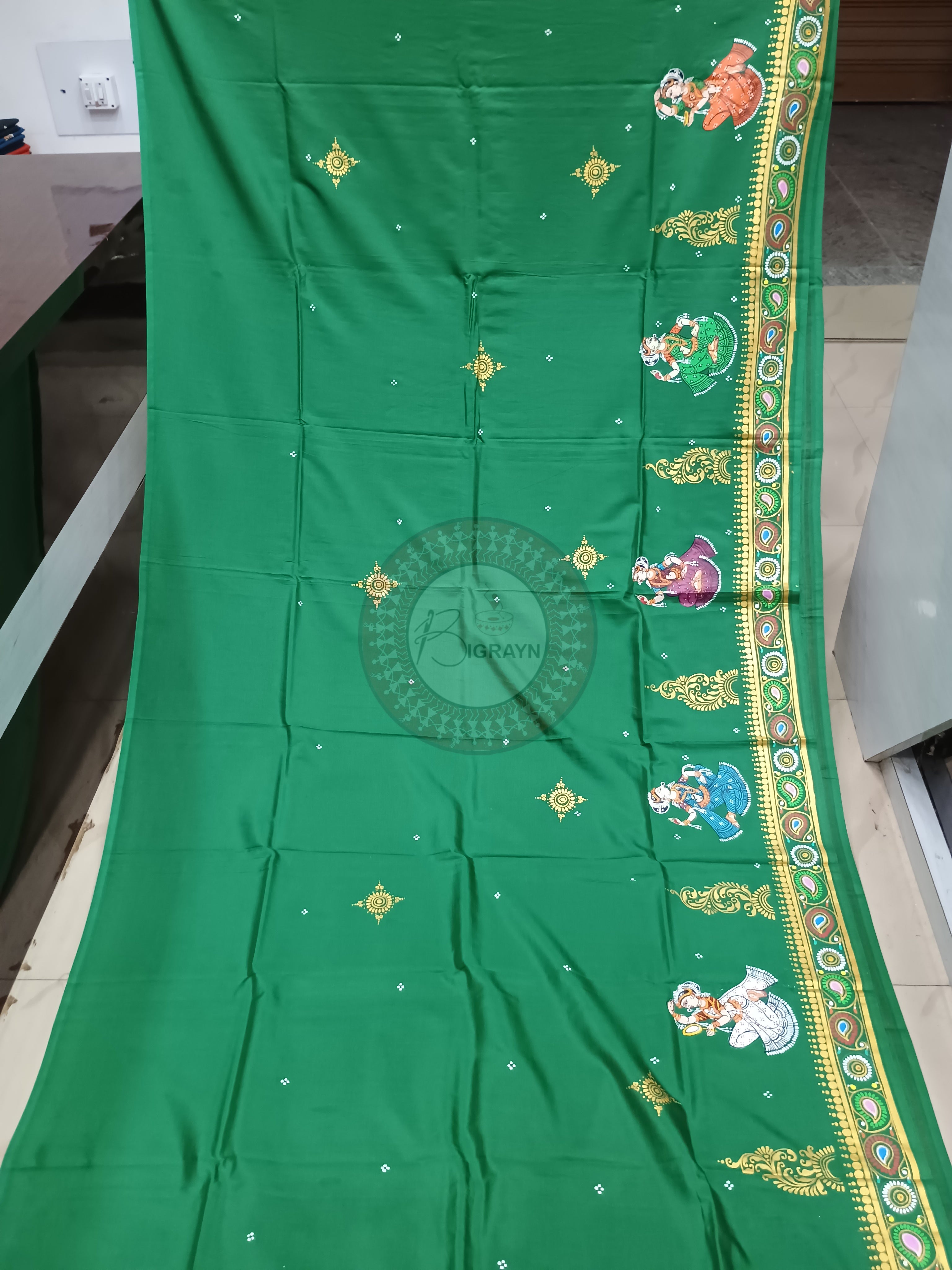 Green Solha Singhara Pattachitra Khadi Silk Saree