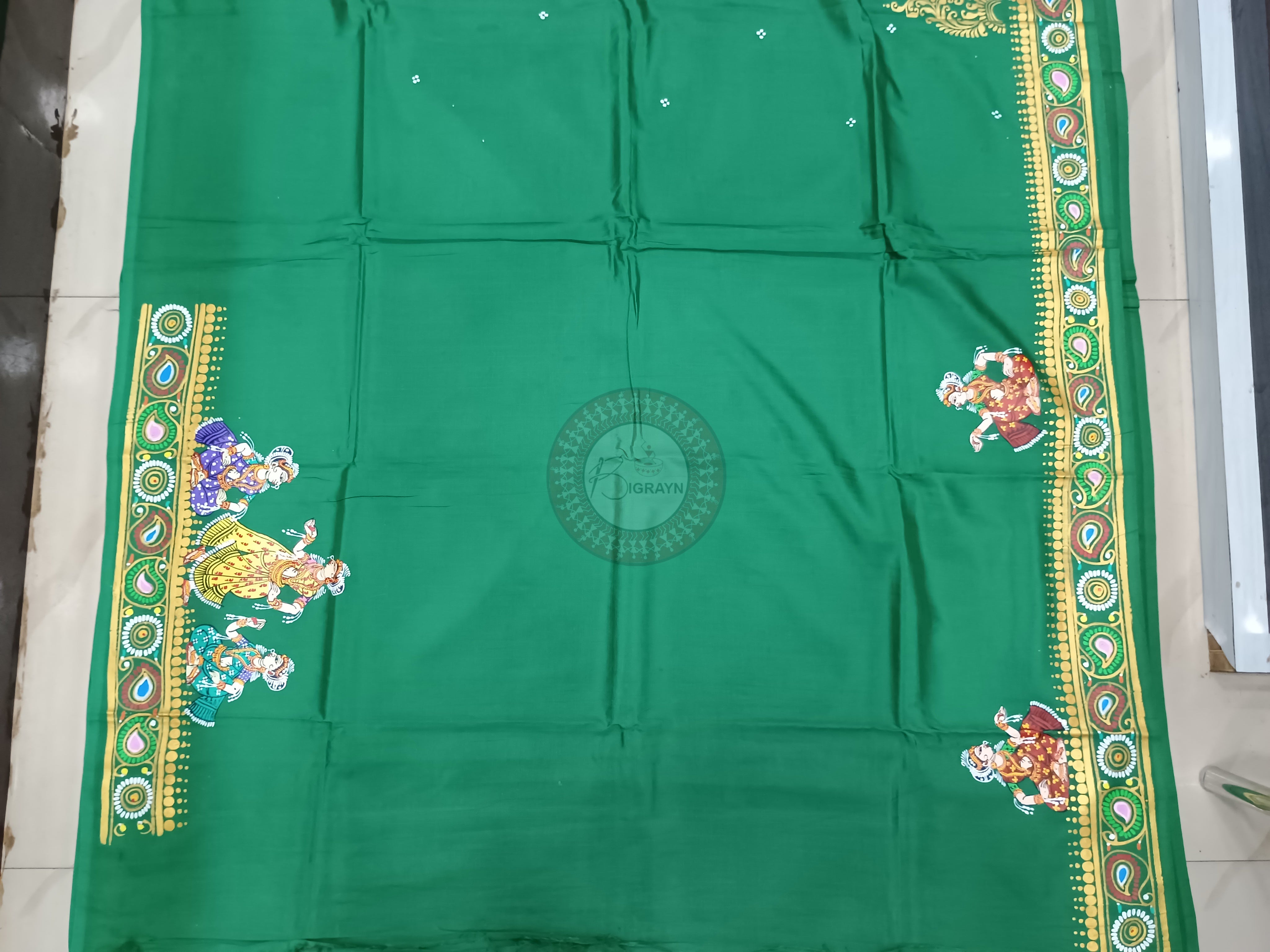 Green Solha Singhara Pattachitra Khadi Silk Saree
