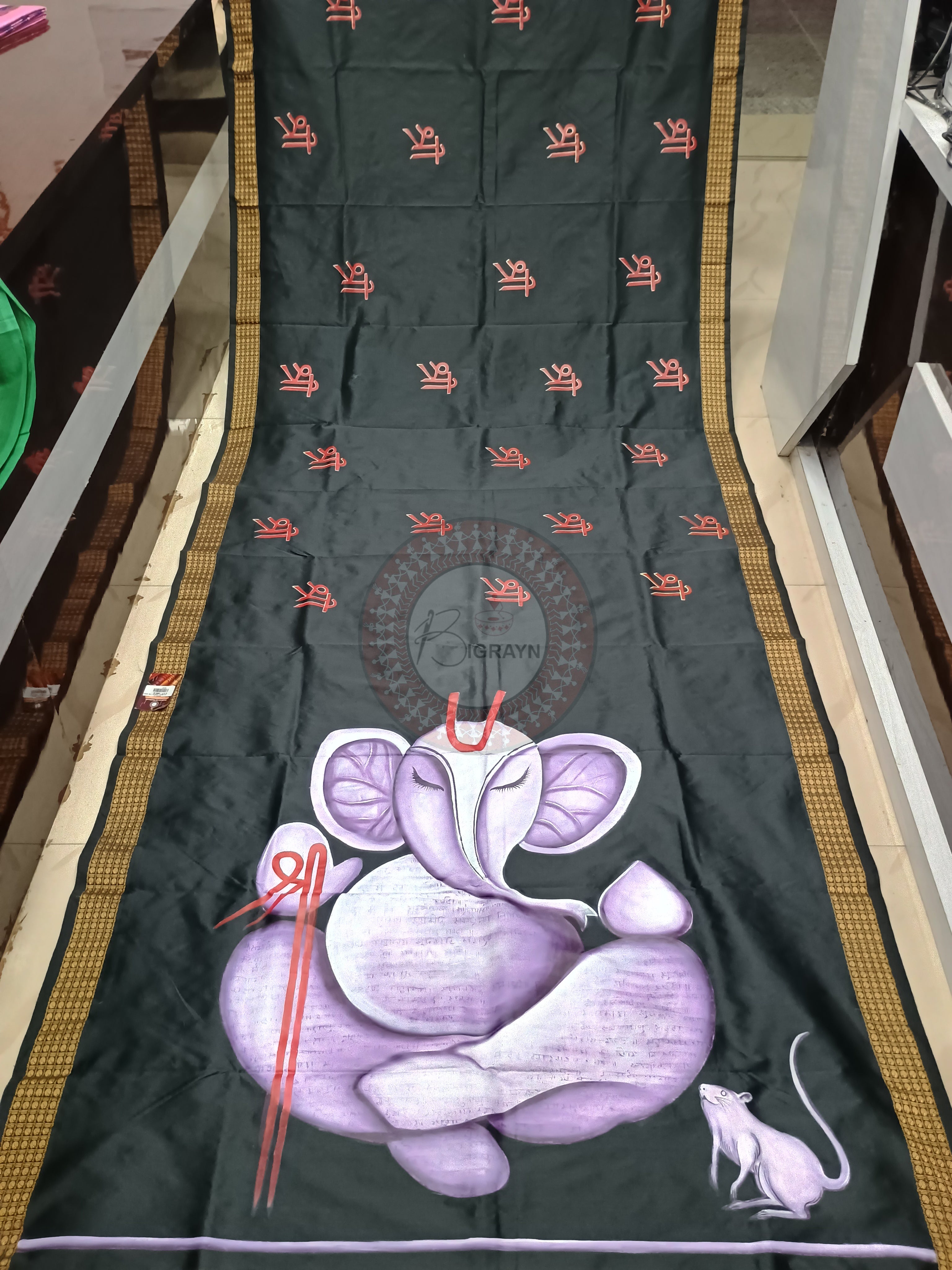 Black Ganesh Theme Pattachitra Cotton Blended Silk Saree