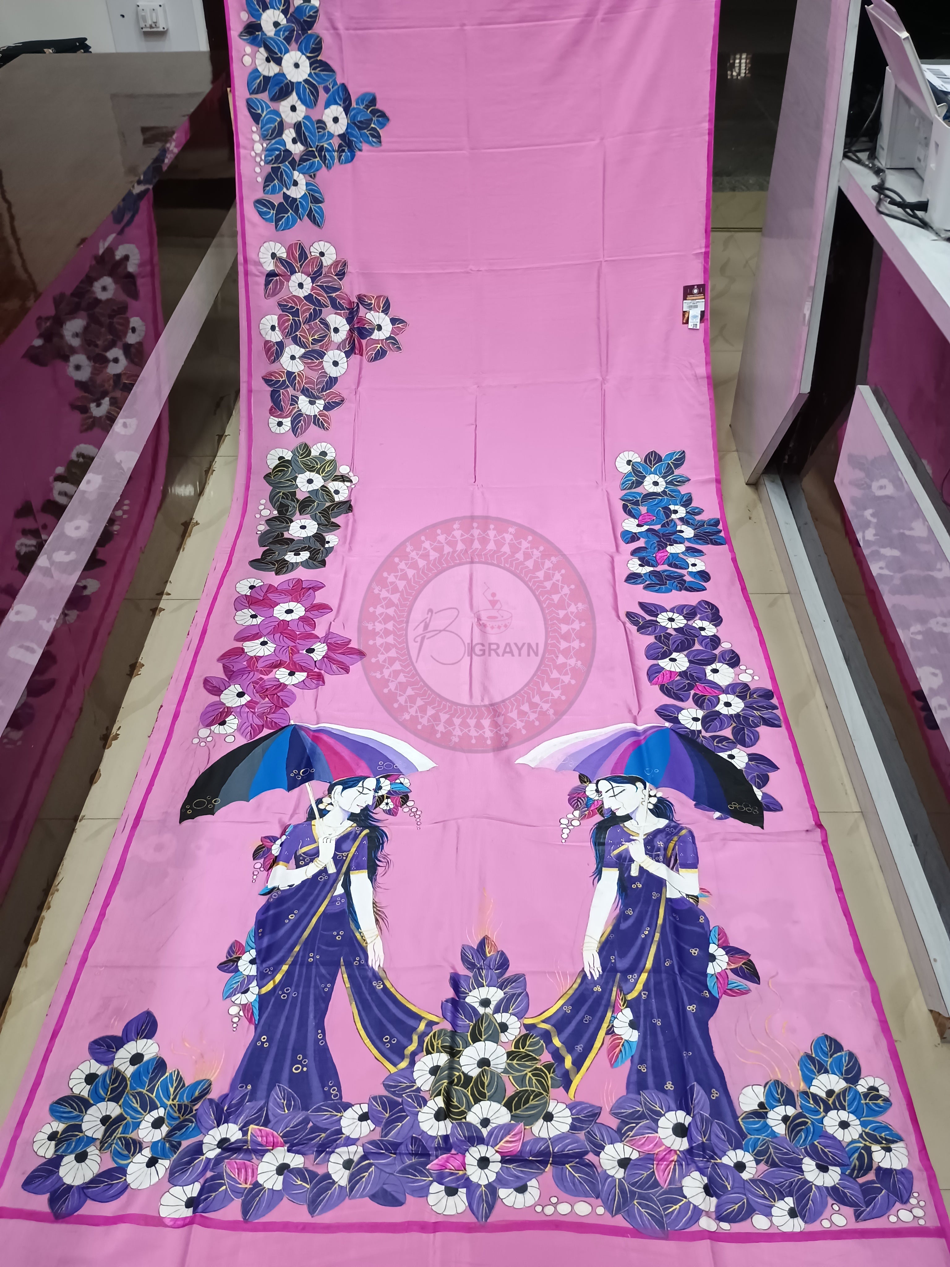 Pink Lady Umbrella Theme Pattachitra Khadi Silk Saree