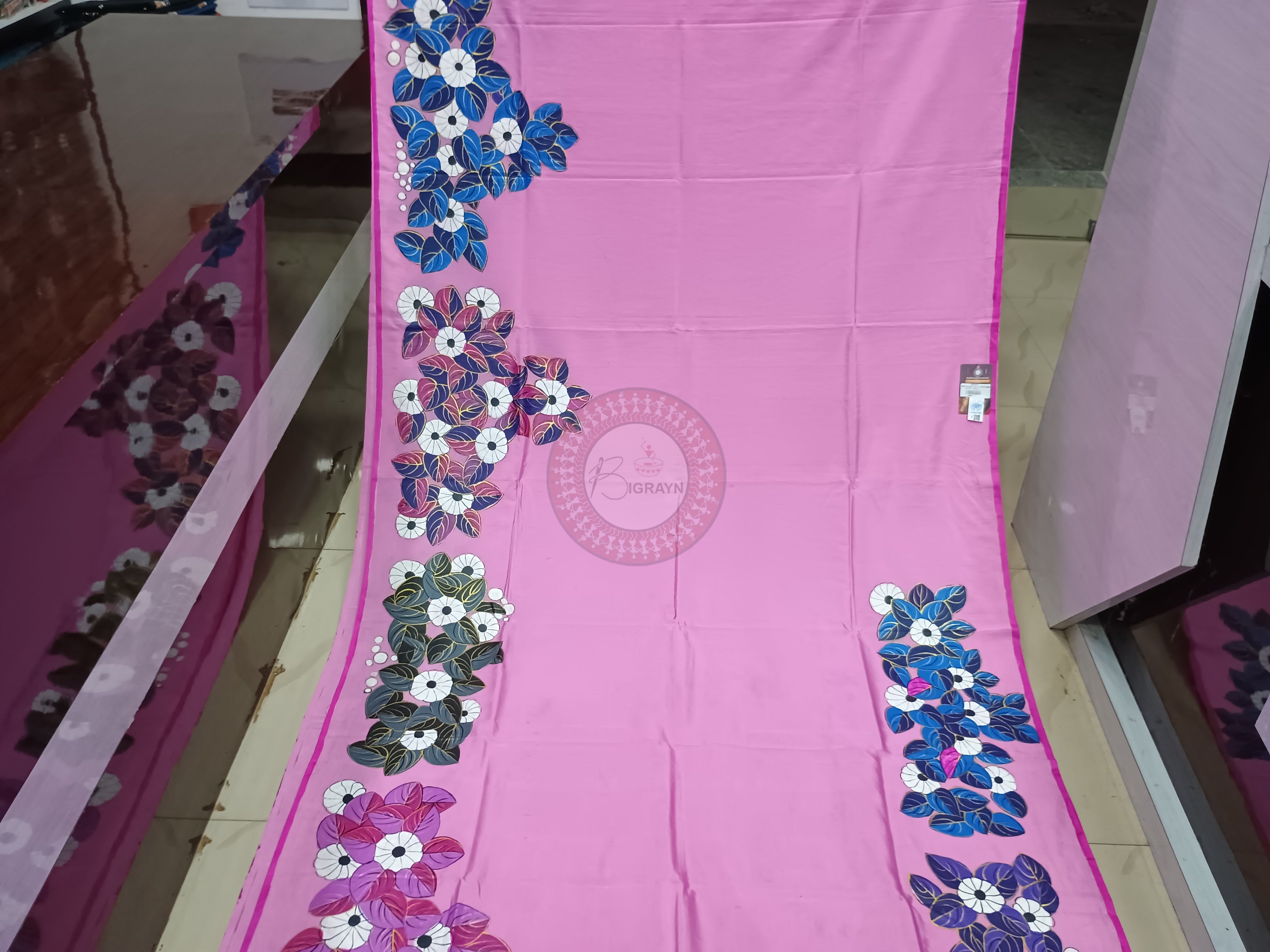 Pink Lady Umbrella Theme Pattachitra Khadi Silk Saree