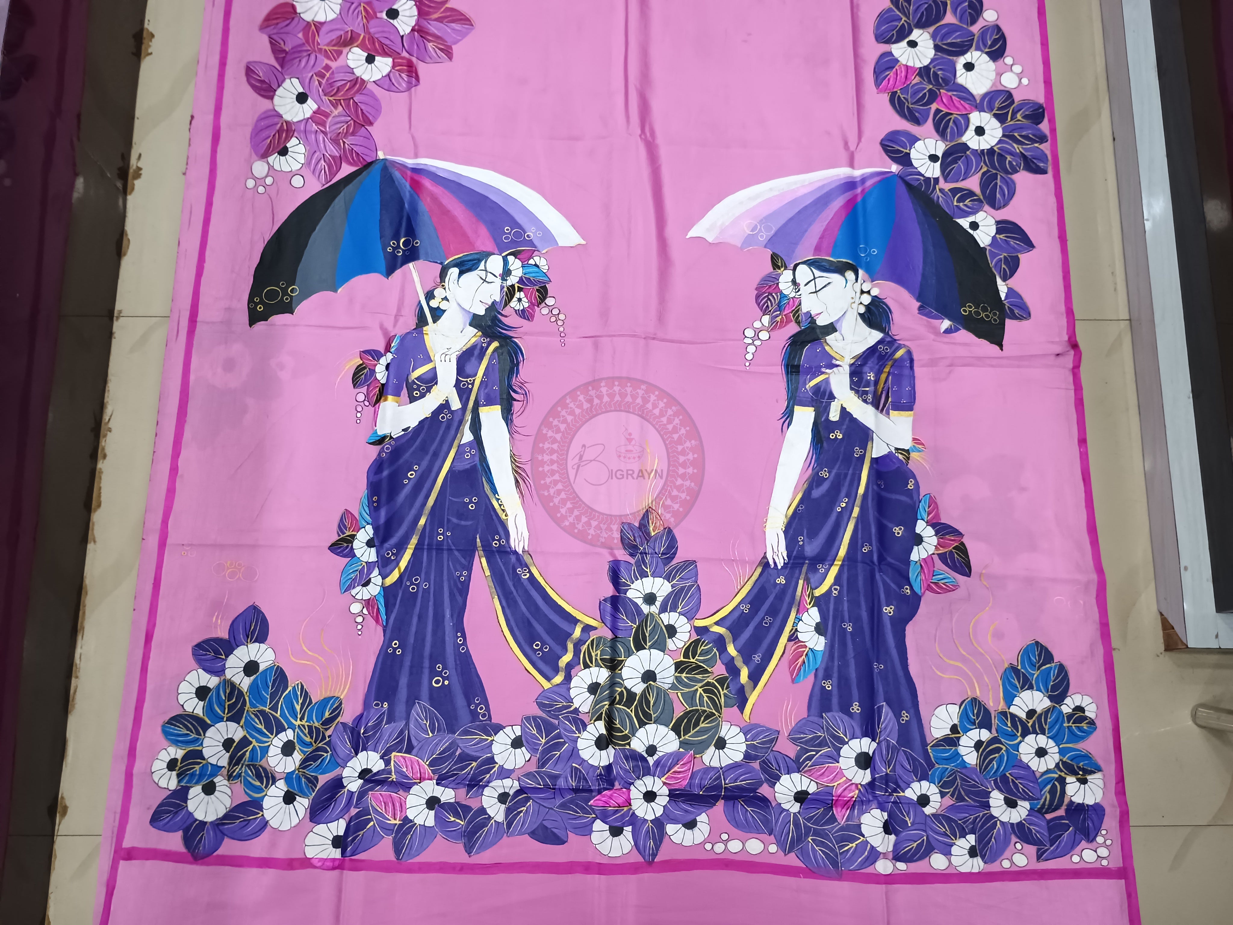 Pink Lady Umbrella Theme Pattachitra Khadi Silk Saree
